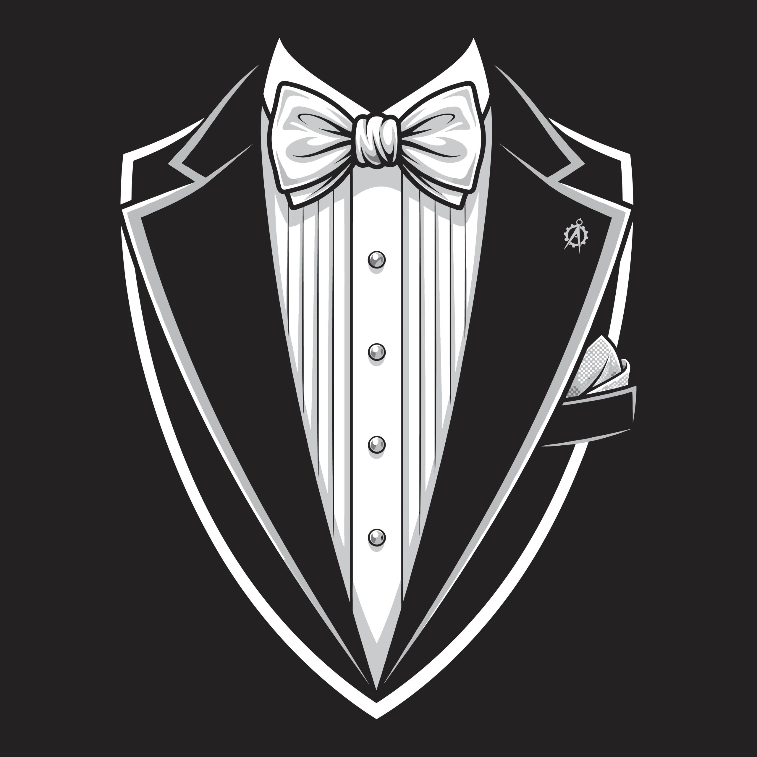Classic black and white tuxedo jacket with a bow tie and pocket square vector illustration