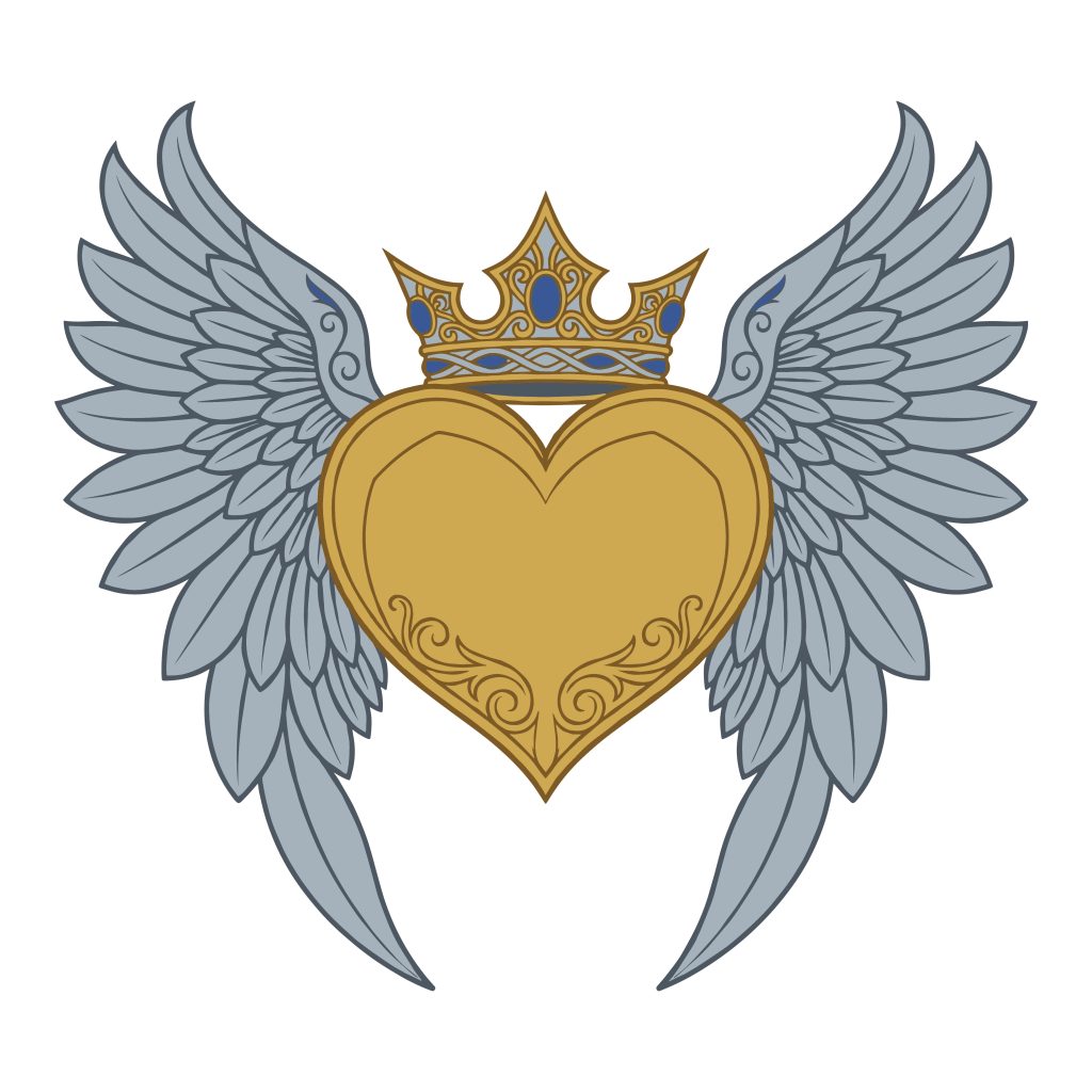 Free winged heart SVG illustration featuring a golden heart with silver wings and a royal crown on a white background