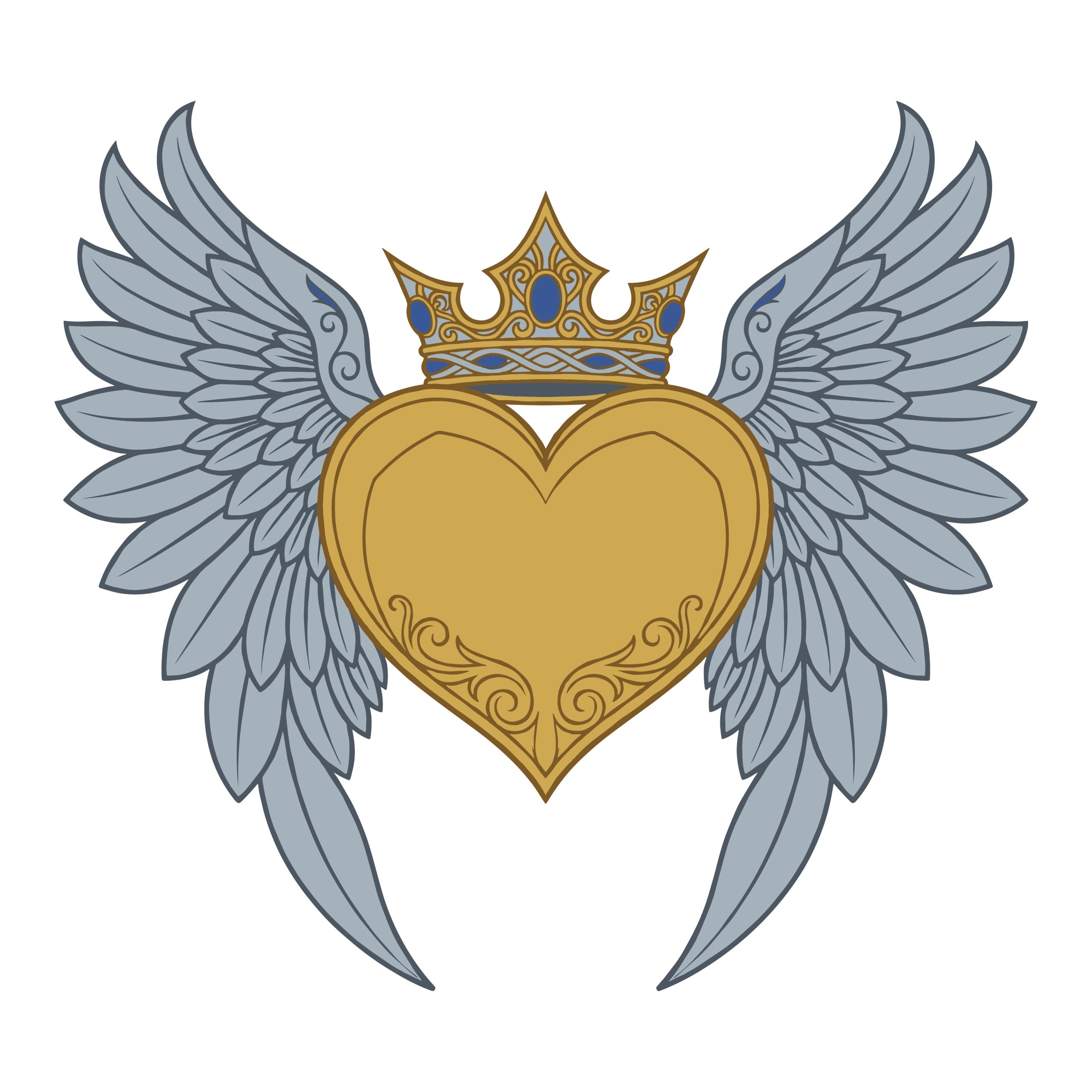 Free winged heart SVG illustration featuring a golden heart with silver wings and a royal crown on a white background