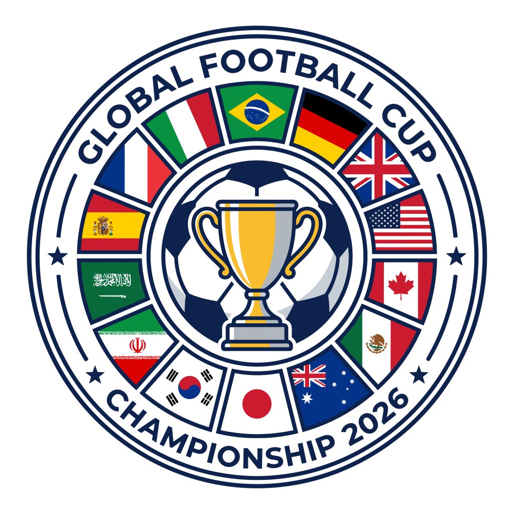 Global Football Cup Championship 2026 vector logo featuring a gold trophy and international flags.