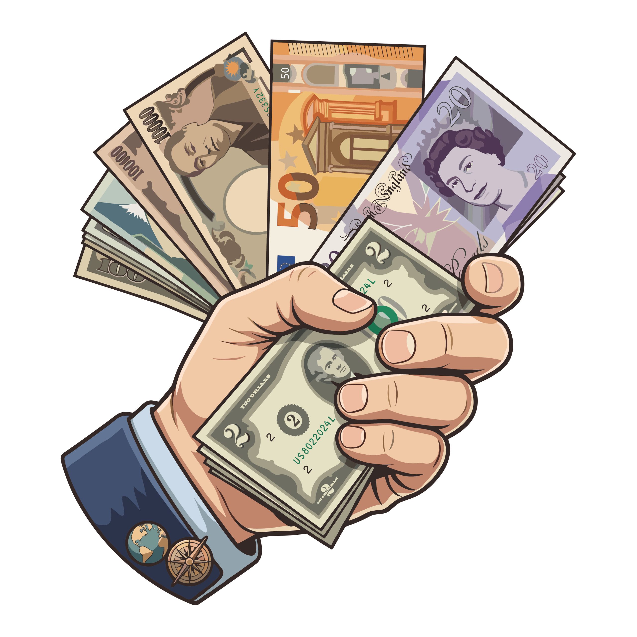 Vector illustration of a professional businessman's hand holding a fan of international money including US dollars, Euros, British Pounds, and Japanese Yen.