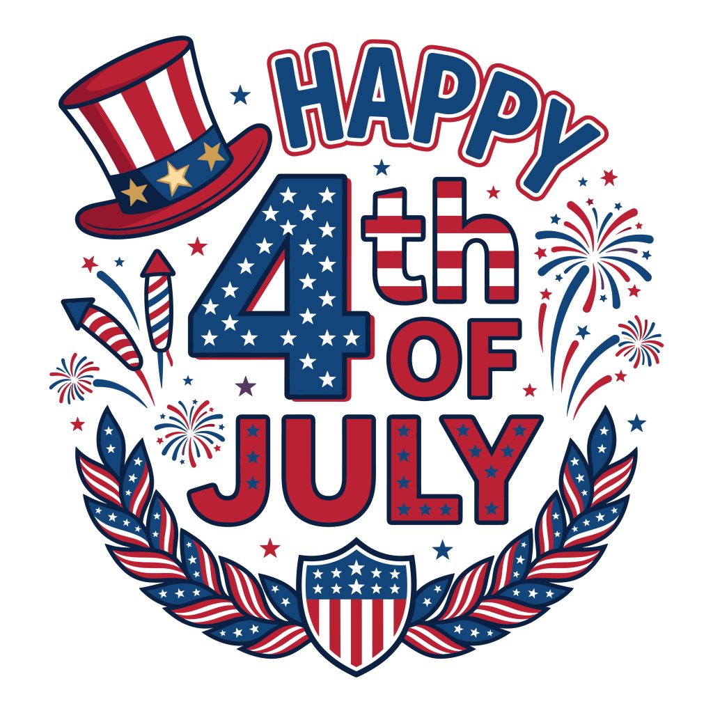 Happy 4th of July typography design featuring a patriotic top hat, fireworks, and a USA shield graphic.