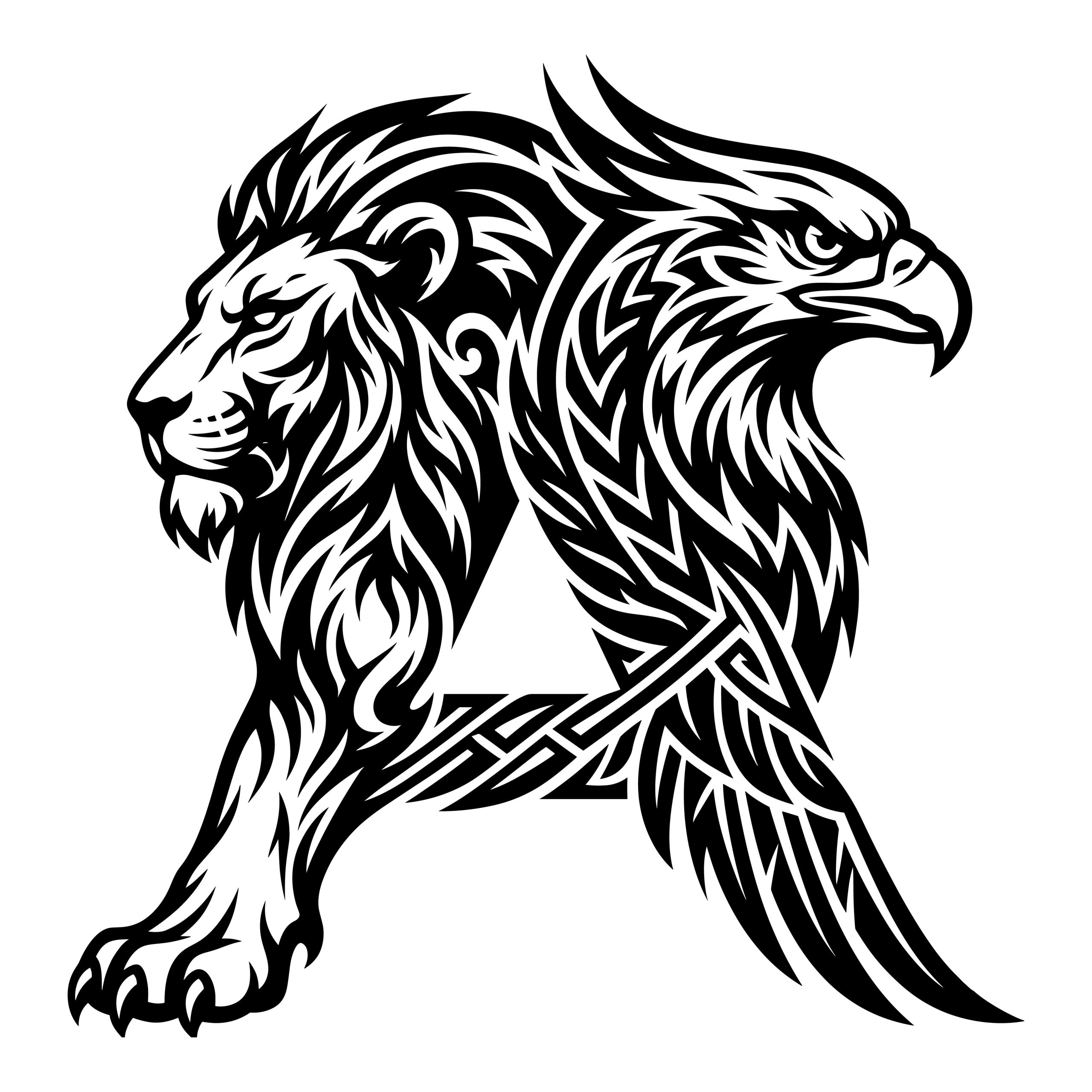 Black and white tribal vector illustration combining a half lion face and half eagle face