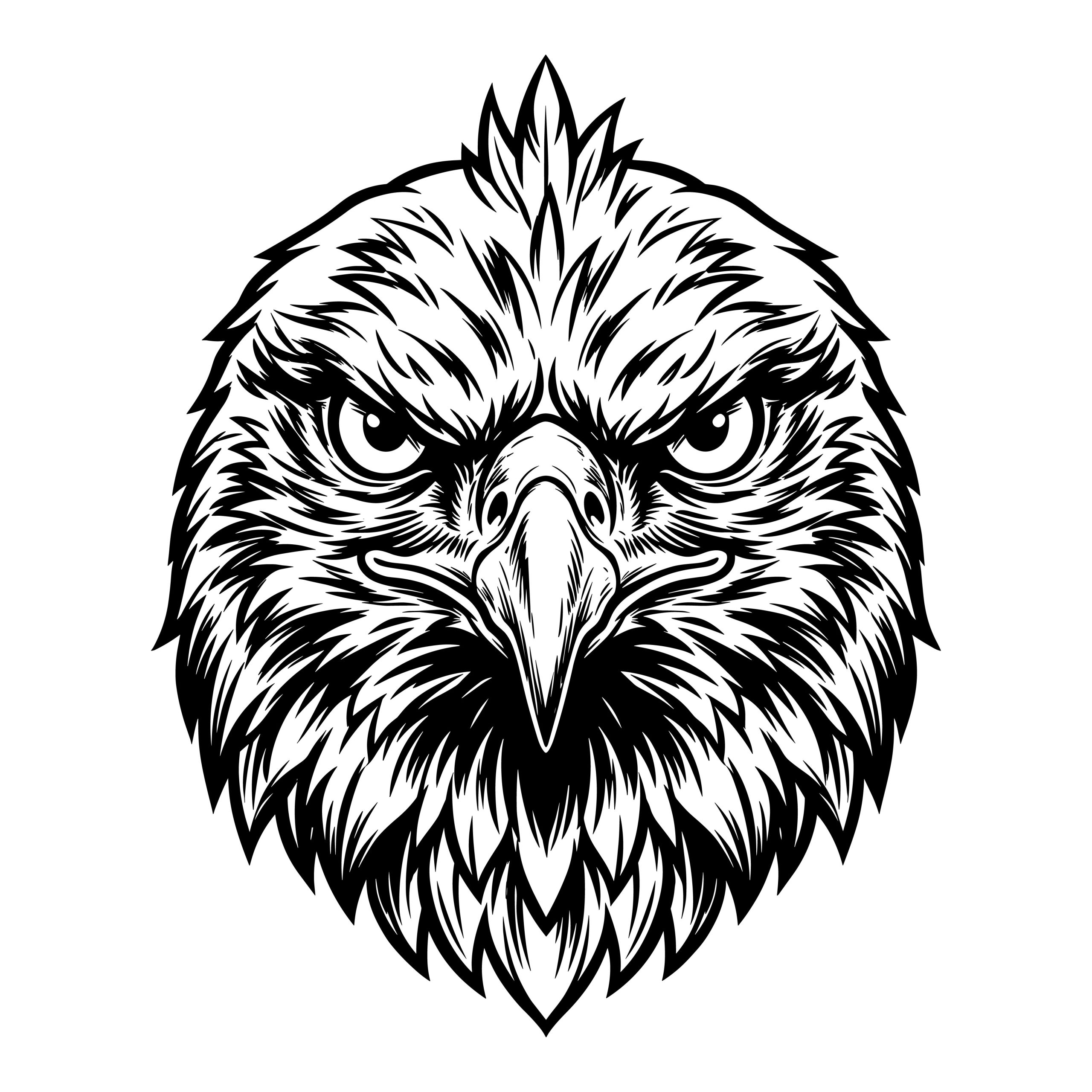 Highly detailed black and white vector line art of a majestic bald eagle head looking directly forward.