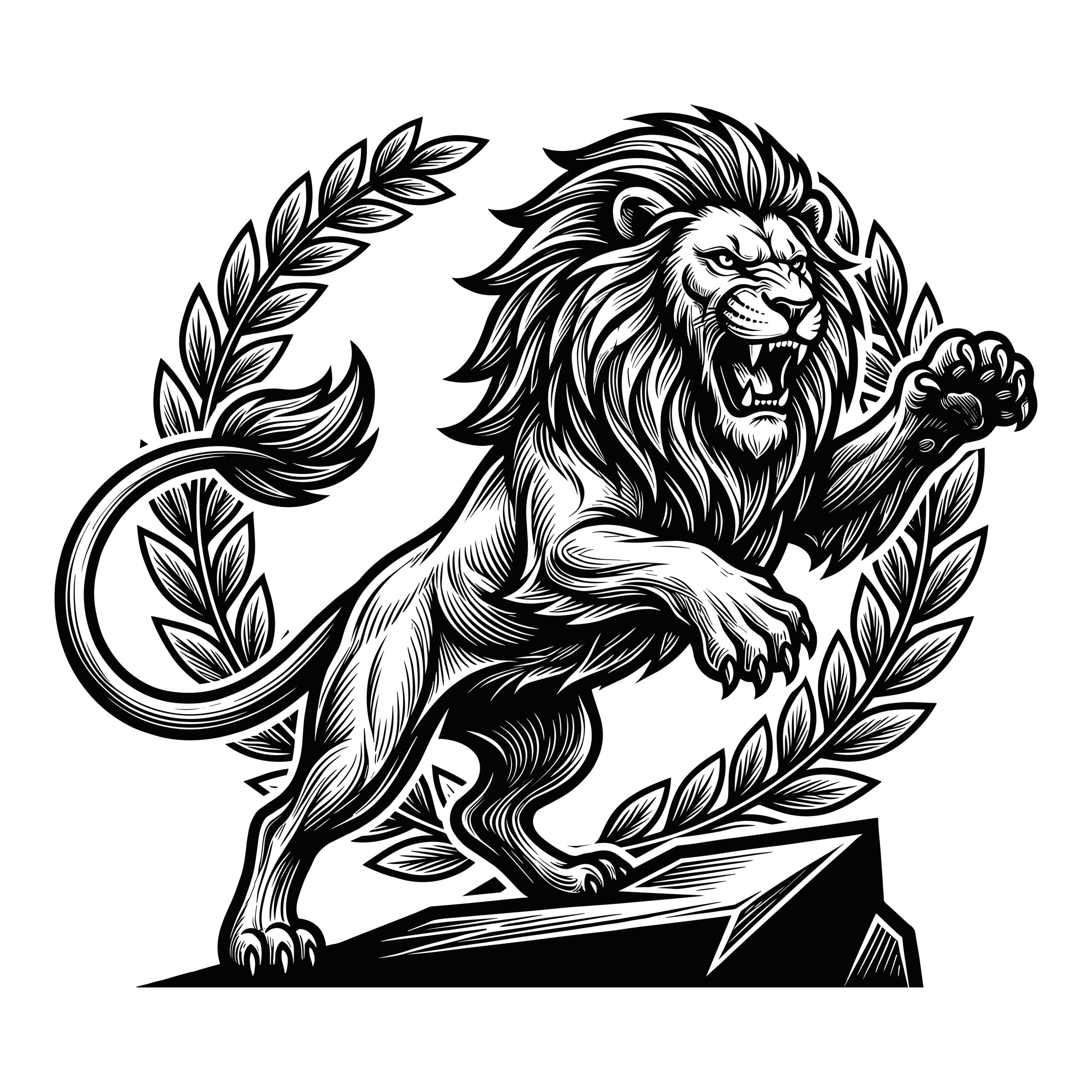 Black and white line art illustration of a majestic roaring lion standing on a rock, framed by a classic laurel wreath.