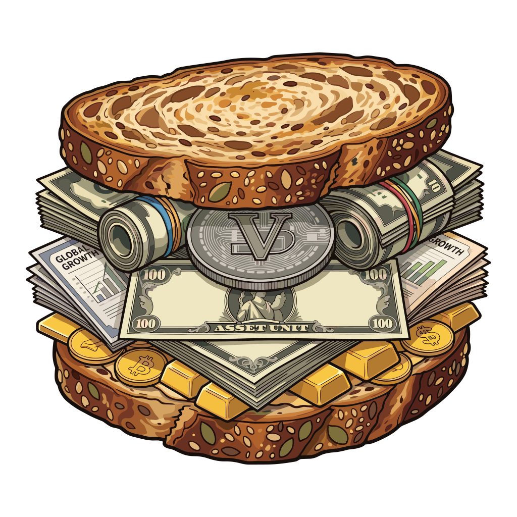 A detailed vector illustration of a sandwich filled with dollar bills, gold bars, cryptocurrency coins, and financial growth charts.