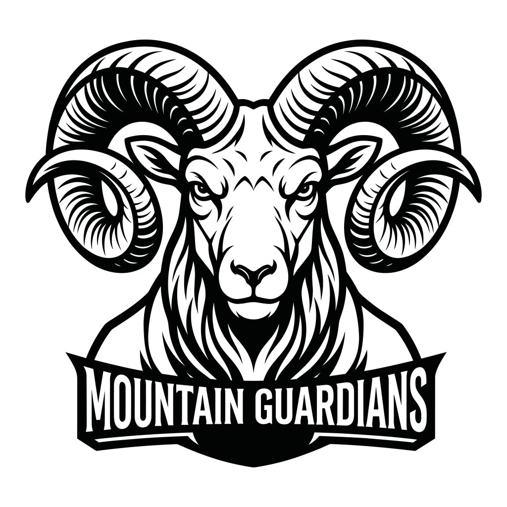 Black and white Mountain Guardians ram head vector illustration with large curved horns.