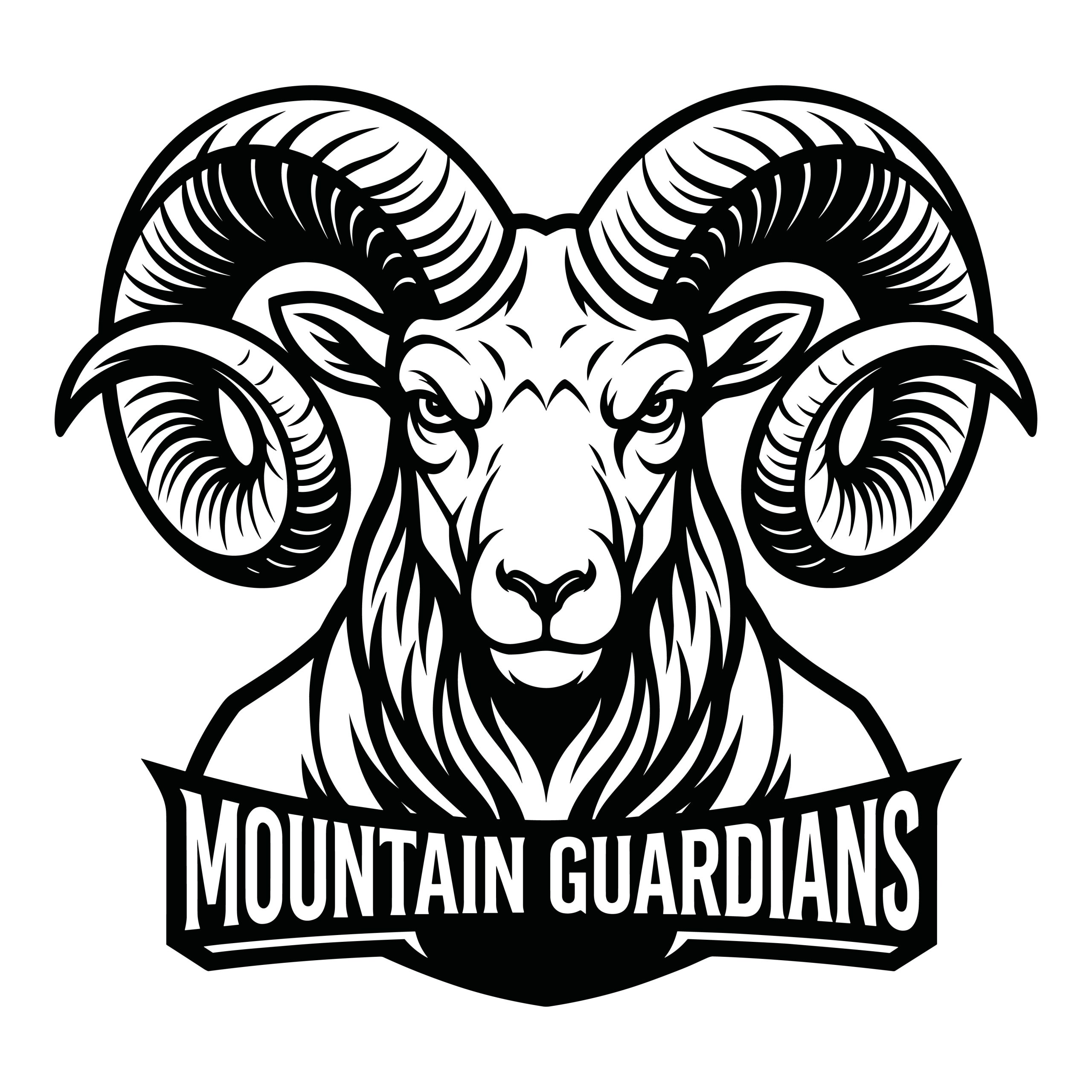 Black and white Mountain Guardians ram head vector illustration with large curved horns.