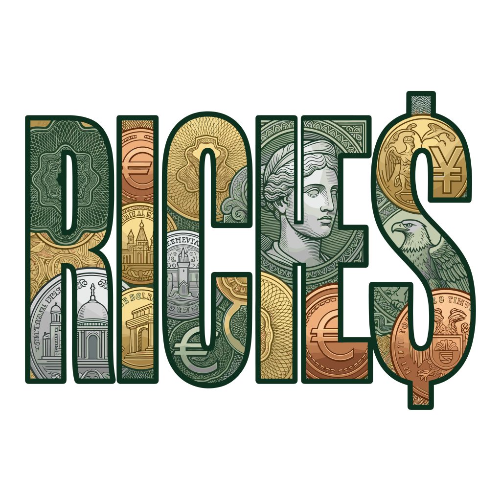 Riches typography vector graphic filled with intricate money, coin, and currency patterns on a transparent background