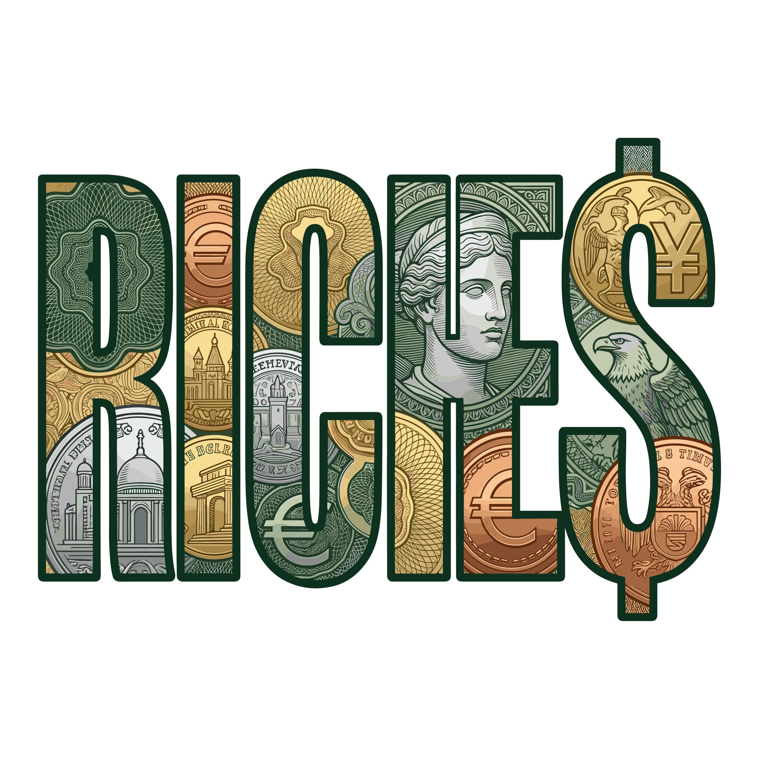 Riches typography vector graphic filled with intricate money, coin, and currency patterns on a transparent background