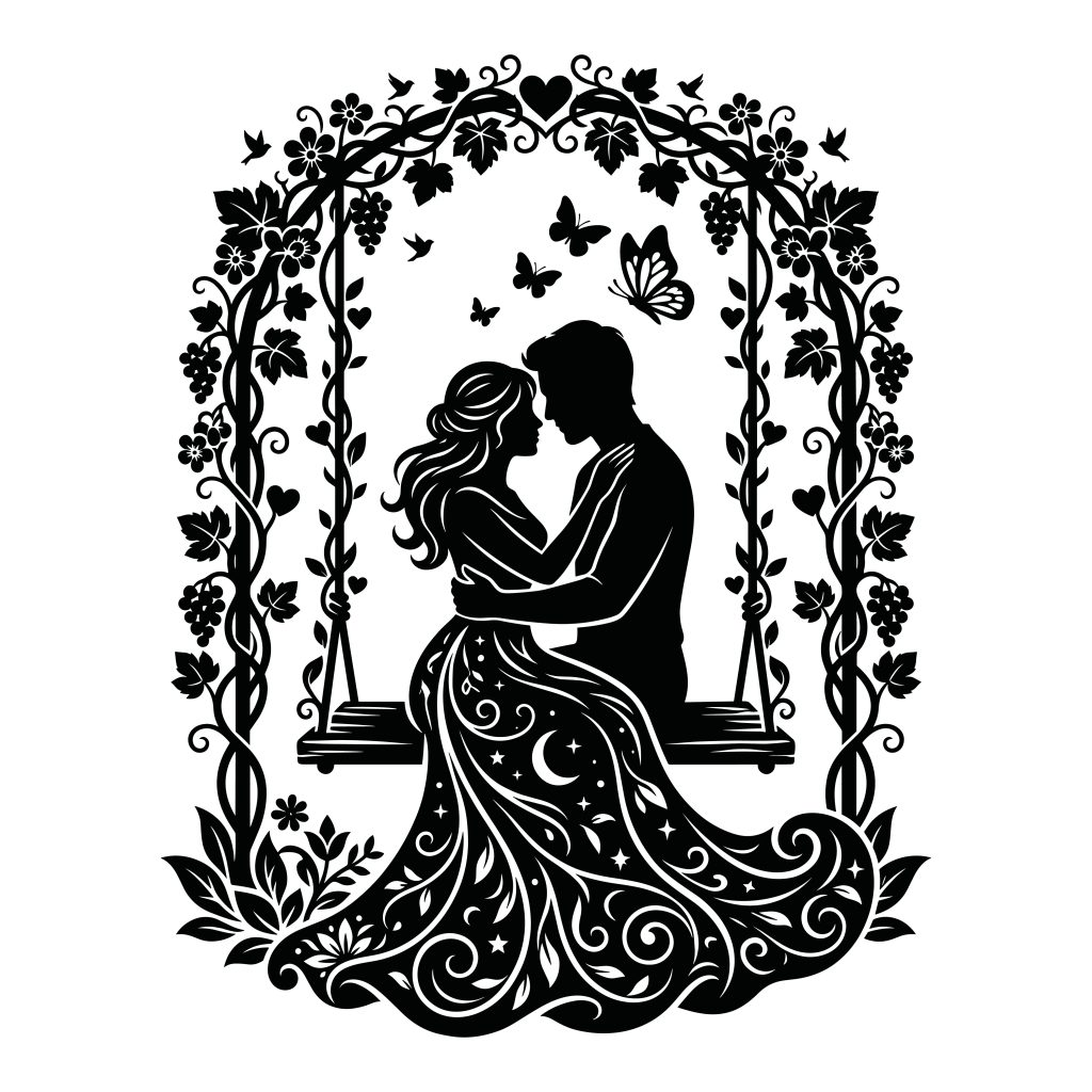 Black and white silhouette vector of a romantic couple sitting on a swing under a floral archway surrounded by butterflies.