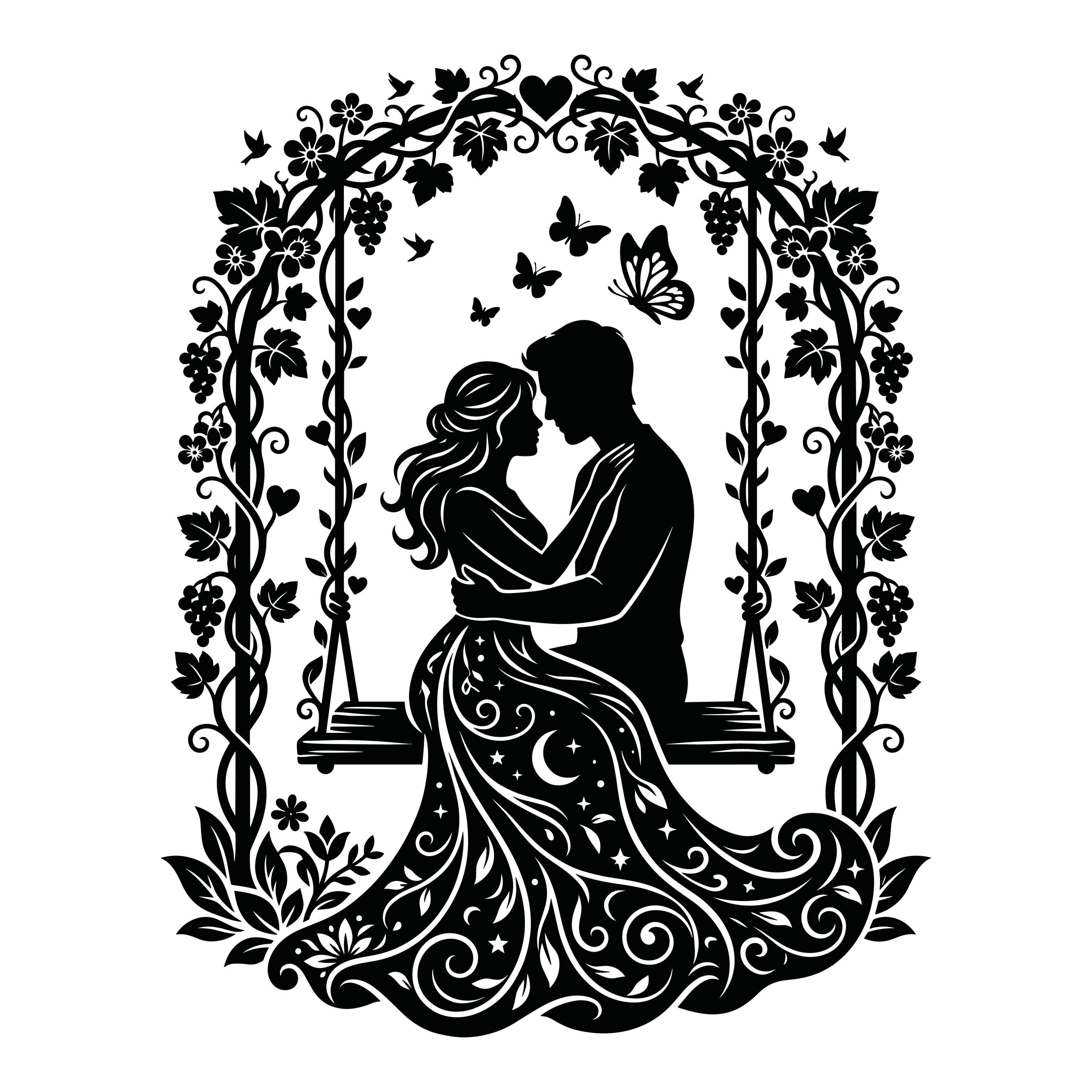Black and white silhouette vector of a romantic couple sitting on a swing under a floral archway surrounded by butterflies.
