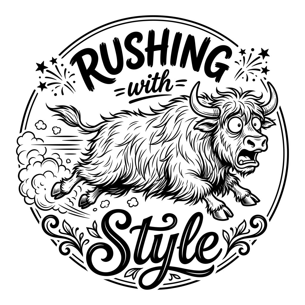 Rushing with Style funny Highland cow running vector line art