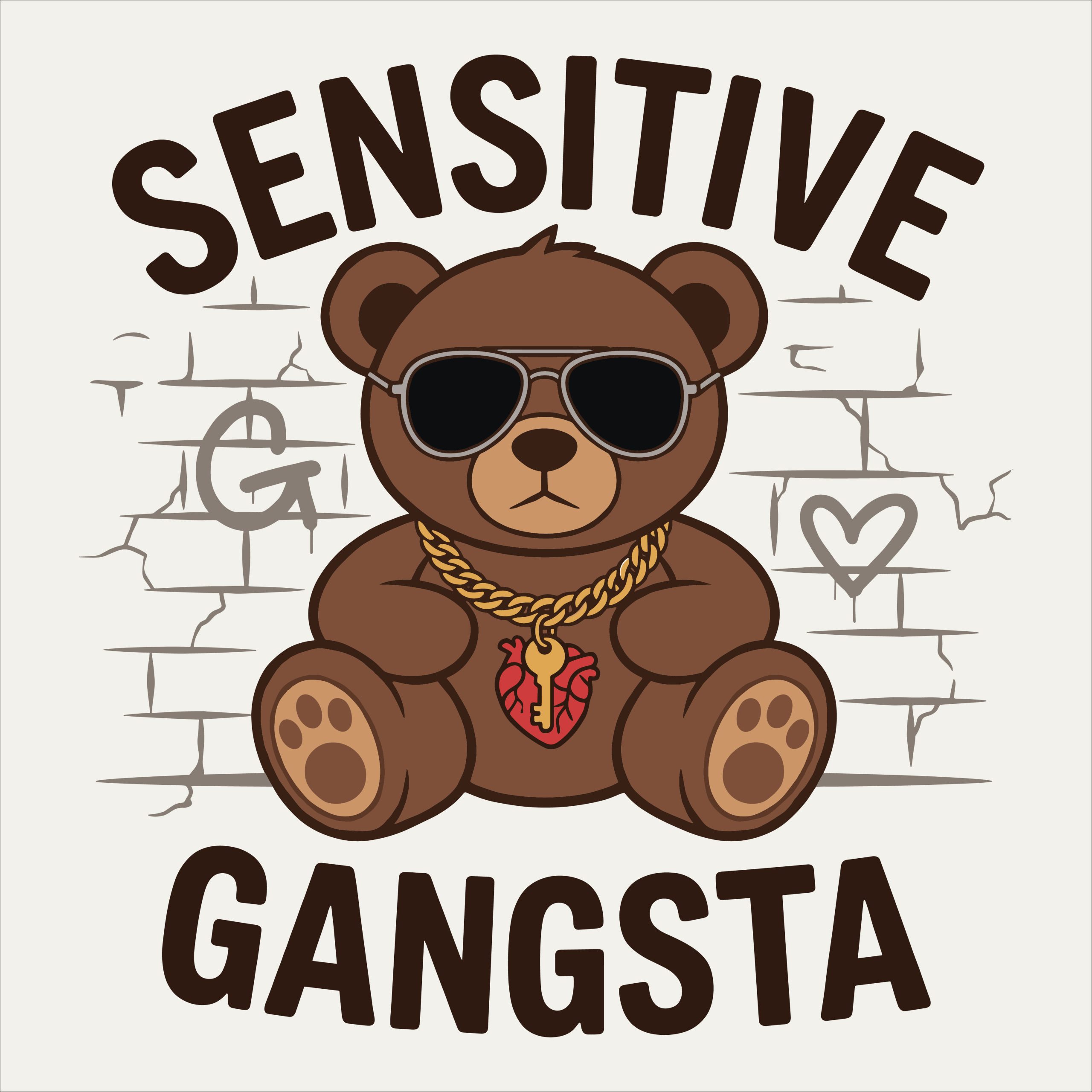 Brown bear wearing aviator sunglasses and a gold heart chain sitting against a graffiti brick wall with the words Sensitive Gangsta