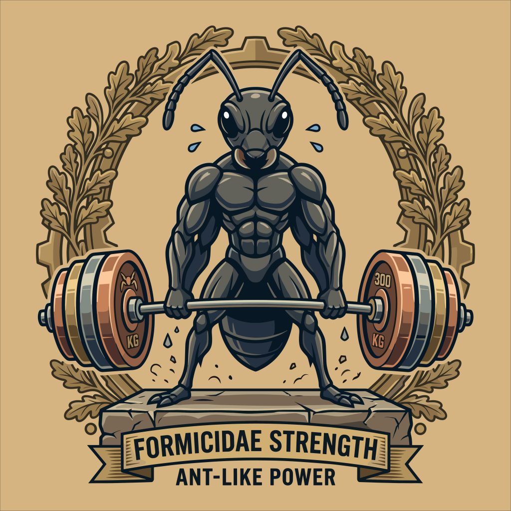 Strong muscular ant lifting a heavy barbell with text Formicidae Strength Ant-Like Power vector illustration.