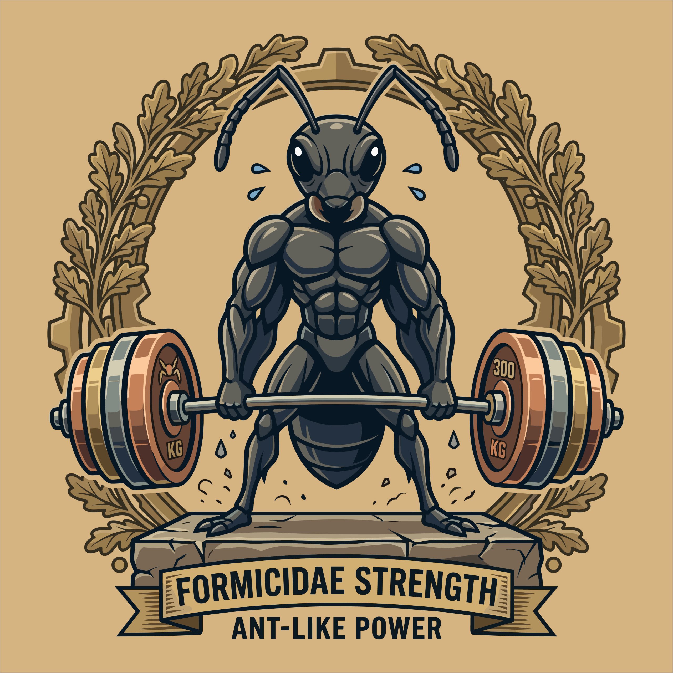 Strong muscular ant lifting a heavy barbell with text Formicidae Strength Ant-Like Power vector illustration.