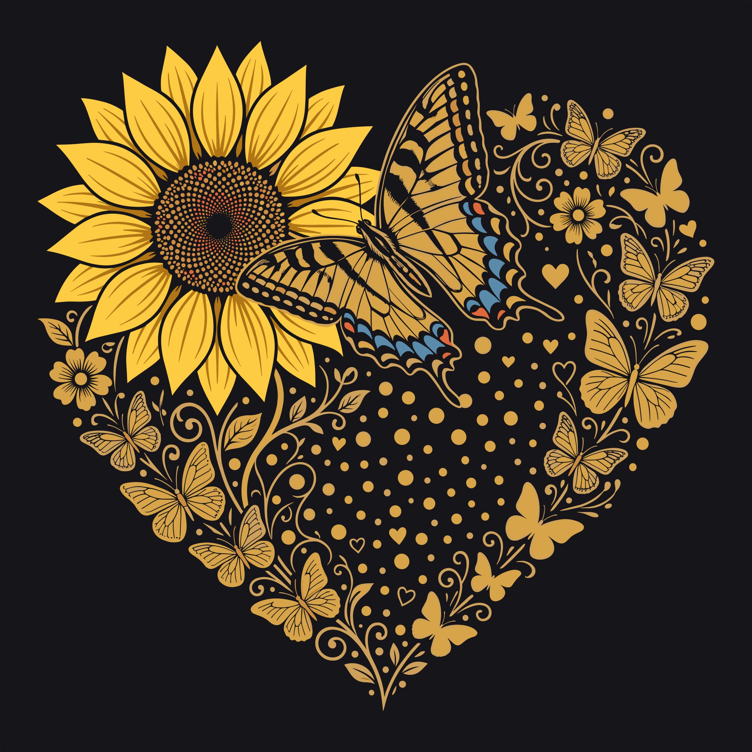 Decorative heart shape made of yellow butterflies and floral vines featuring a large sunflower and swallowtail butterfly