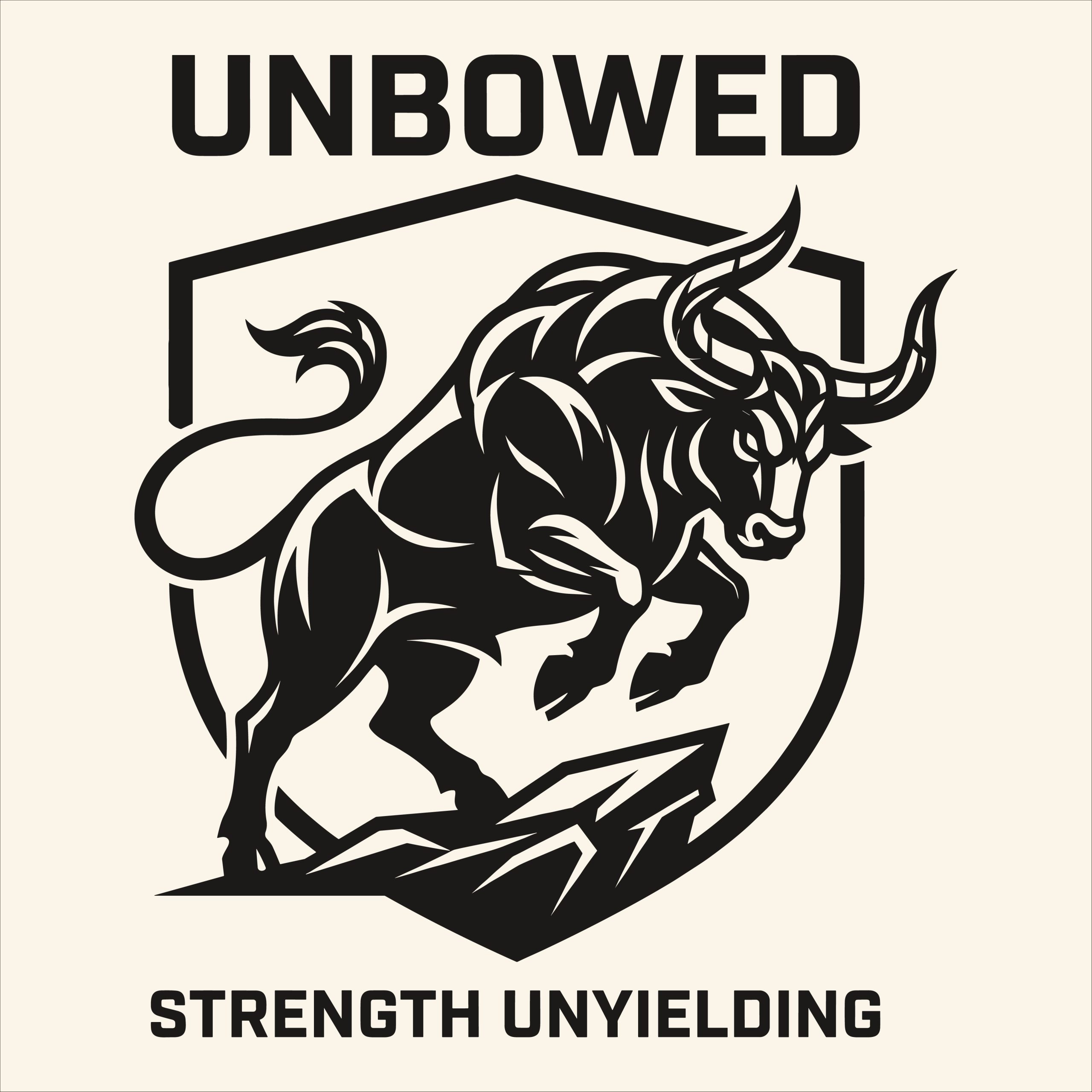 Black and white illustration of a fierce charging bull breaking through rocks against a shield background with the text Unbowed Strength Unyielding.