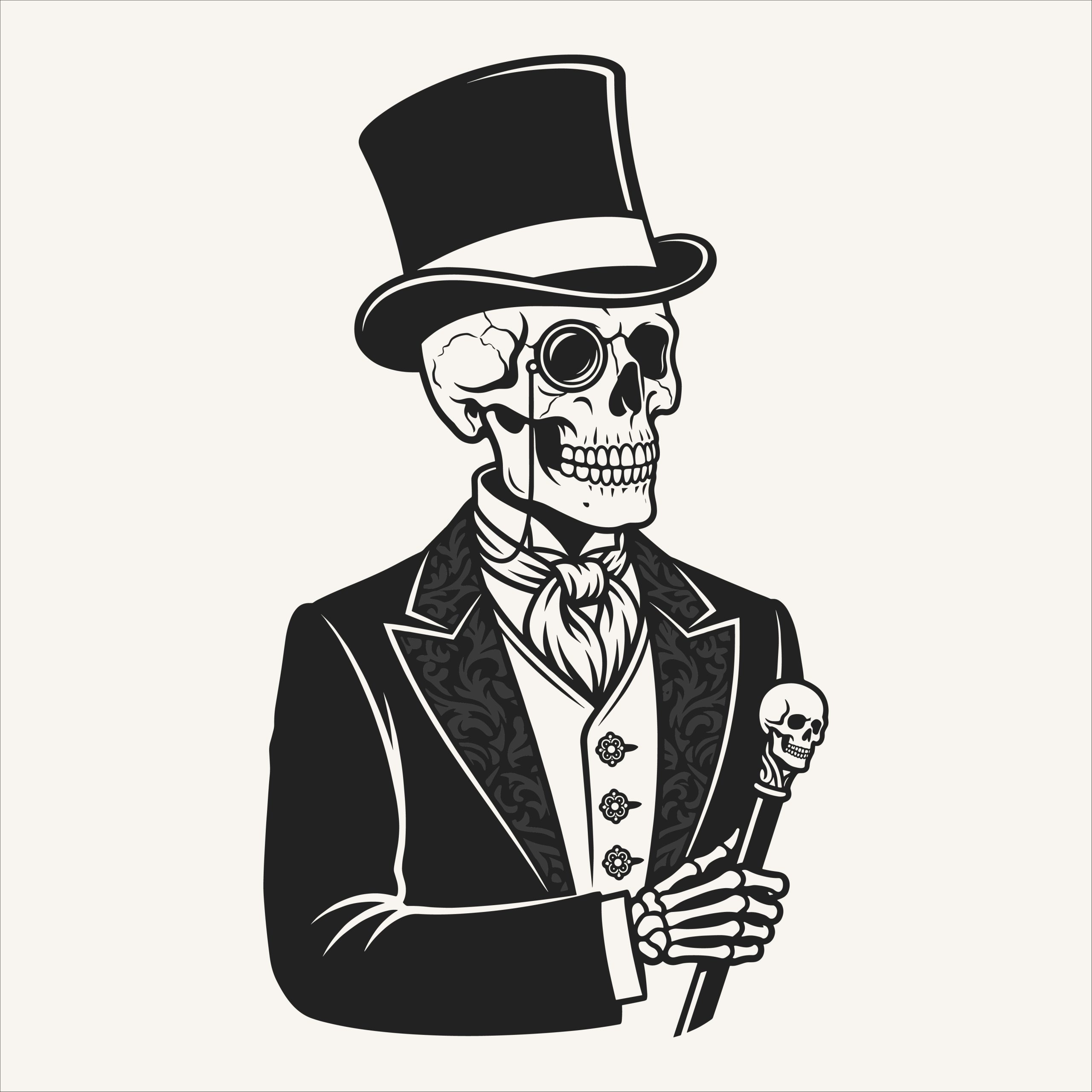 Black and white vector line art illustration of a vintage gentleman skeleton wearing a top hat, monocle, and formal suit, holding a cane.