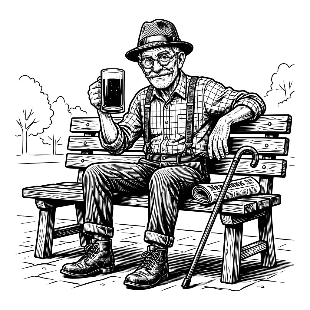 Vintage engraved style black and white illustration of an old man with a hat and suspenders sitting on a park bench holding a glass of beer.