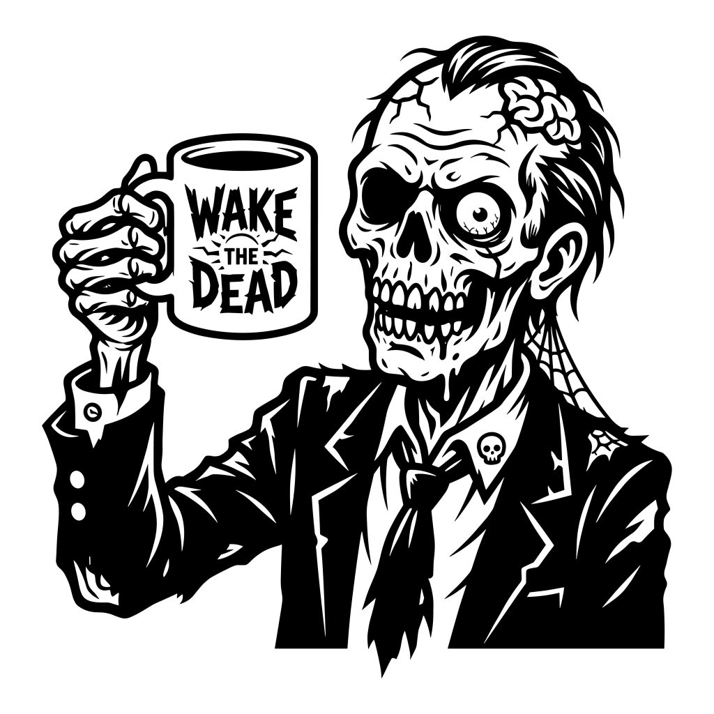 Black and white vector illustration of a zombie in a suit drinking coffee from a mug that says Wake The Dead