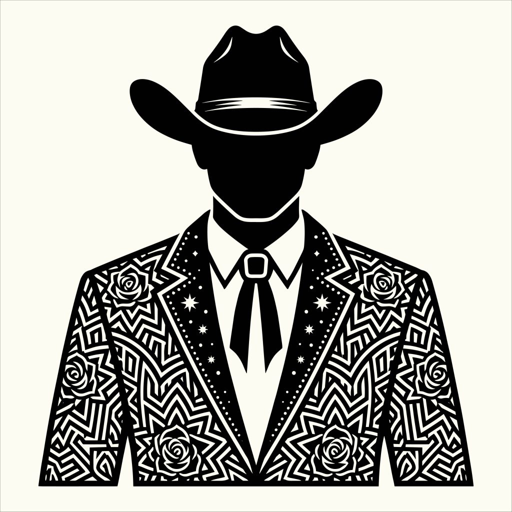 Black and white silhouette vector of a faceless cowboy wearing a classic hat and an intricately patterned floral western suit.
