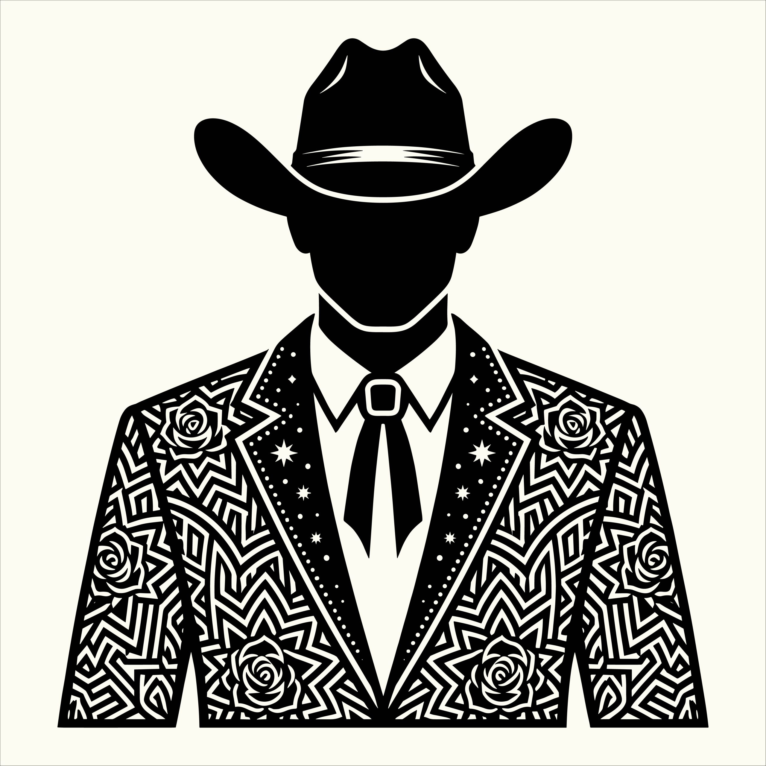 Black and white silhouette vector of a faceless cowboy wearing a classic hat and an intricately patterned floral western suit.