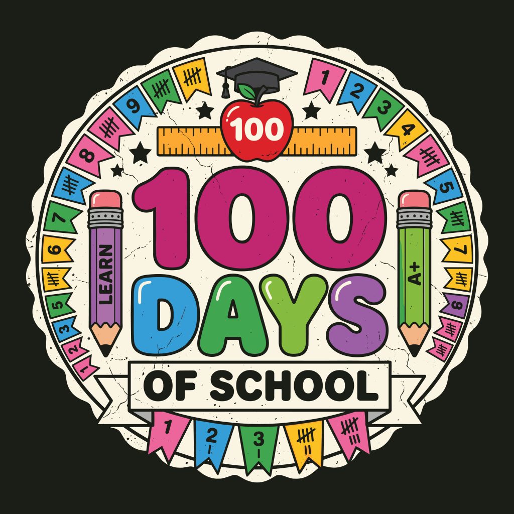Free 100 Days of School retro badge SVG design featuring pencils, an apple, and tally marks