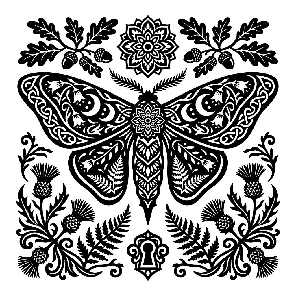 Intricate black and white vector illustration of a mystical celestial moth with moon phases on its wings, surrounded by detailed botanical elements including ferns, acorns, and thistles.