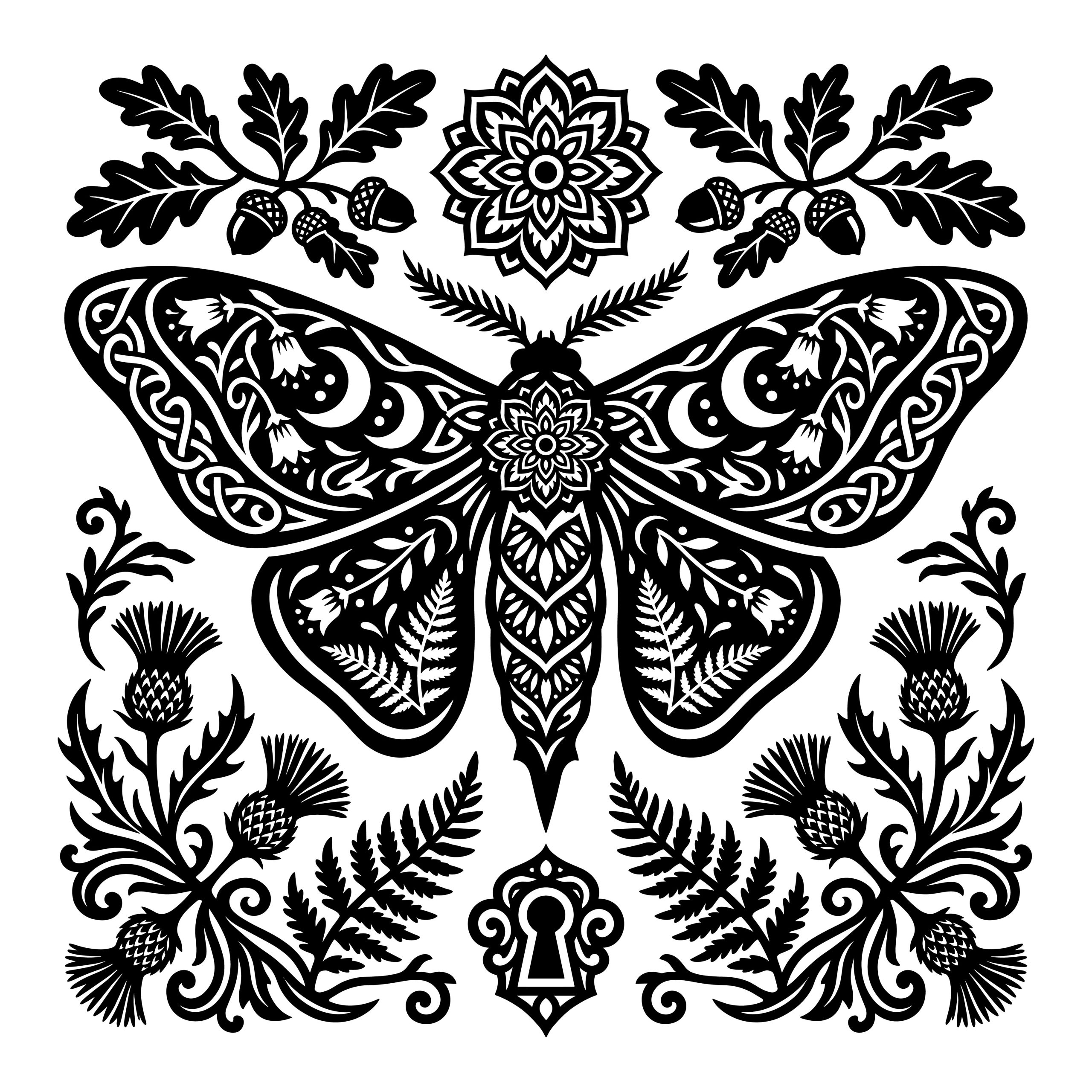 Intricate black and white vector illustration of a mystical celestial moth with moon phases on its wings, surrounded by detailed botanical elements including ferns, acorns, and thistles.