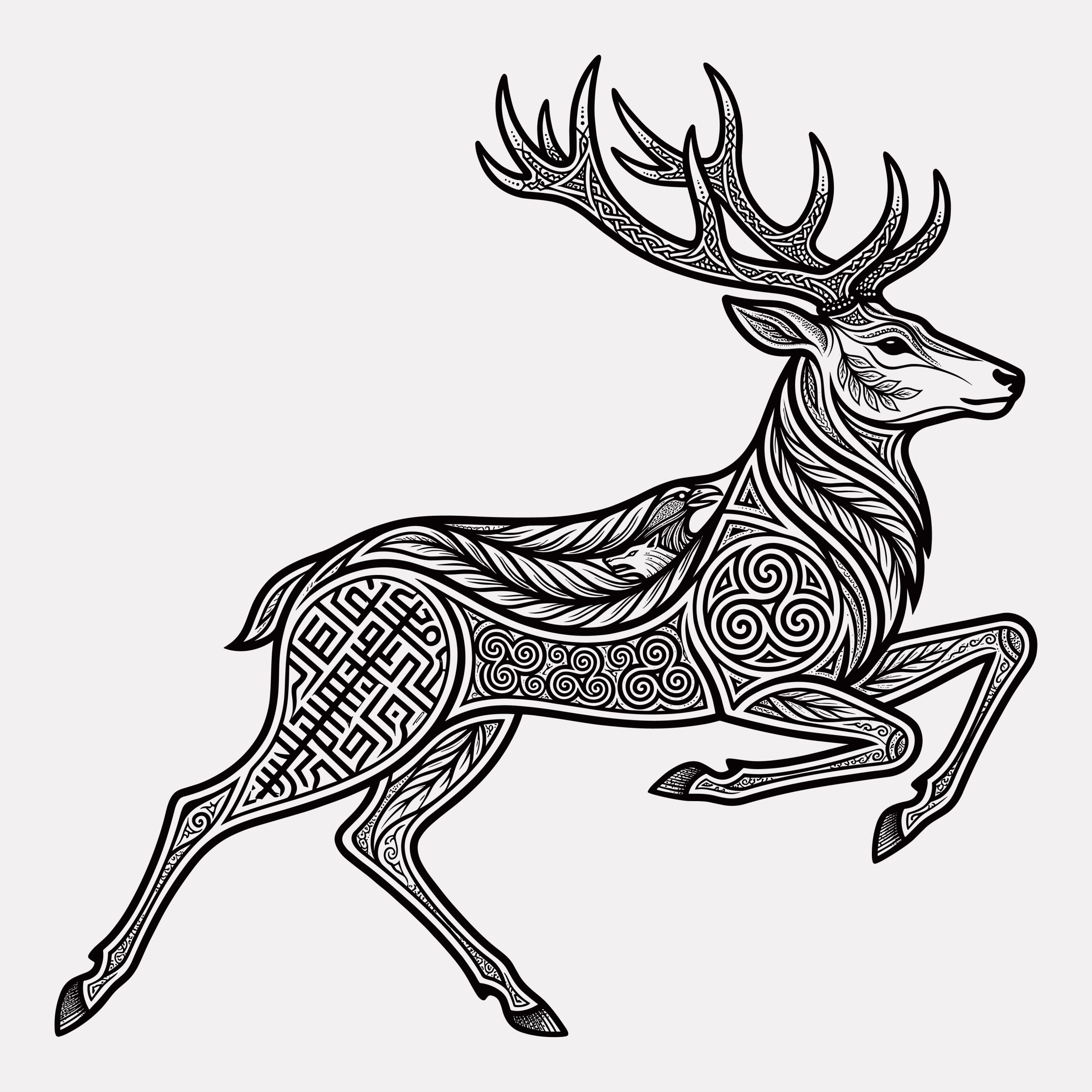 Detailed black and white vector illustration of a leaping Celtic stag featuring intricate tribal patterns and internal nature motifs.