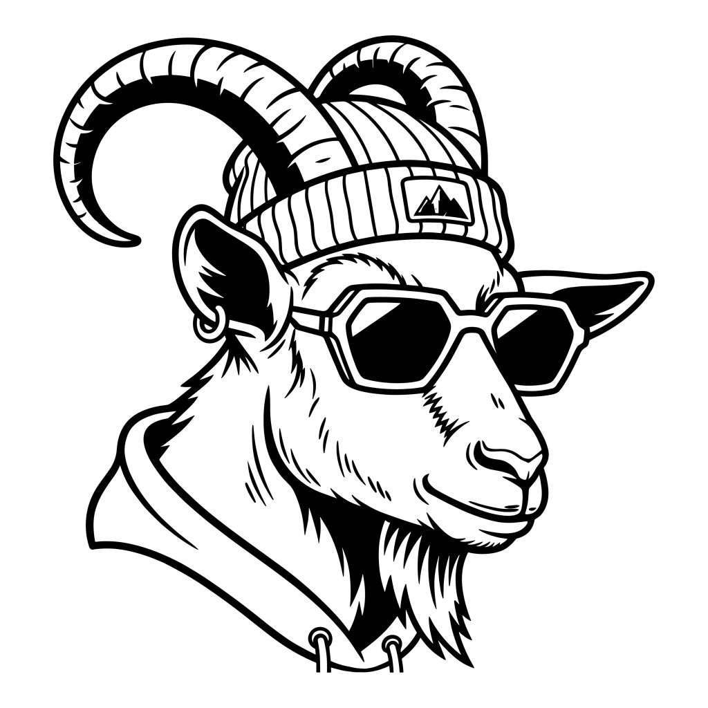 Black and white line art vector illustration of a cool hipster goat wearing a beanie and geometric sunglasses.