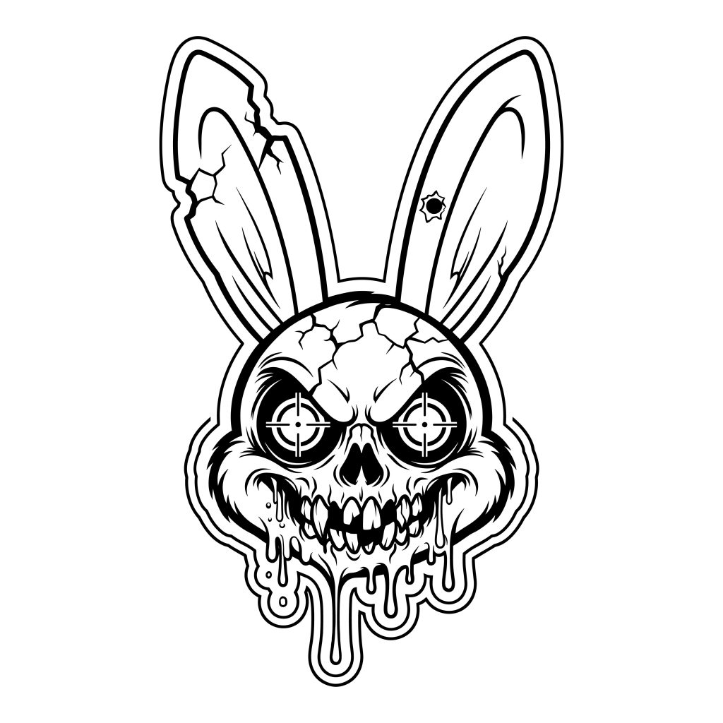 Black and white line art vector illustration of a creepy, edgy bunny skull featuring crosshair eyes, cracked bone textures, and a dripping lower jaw.