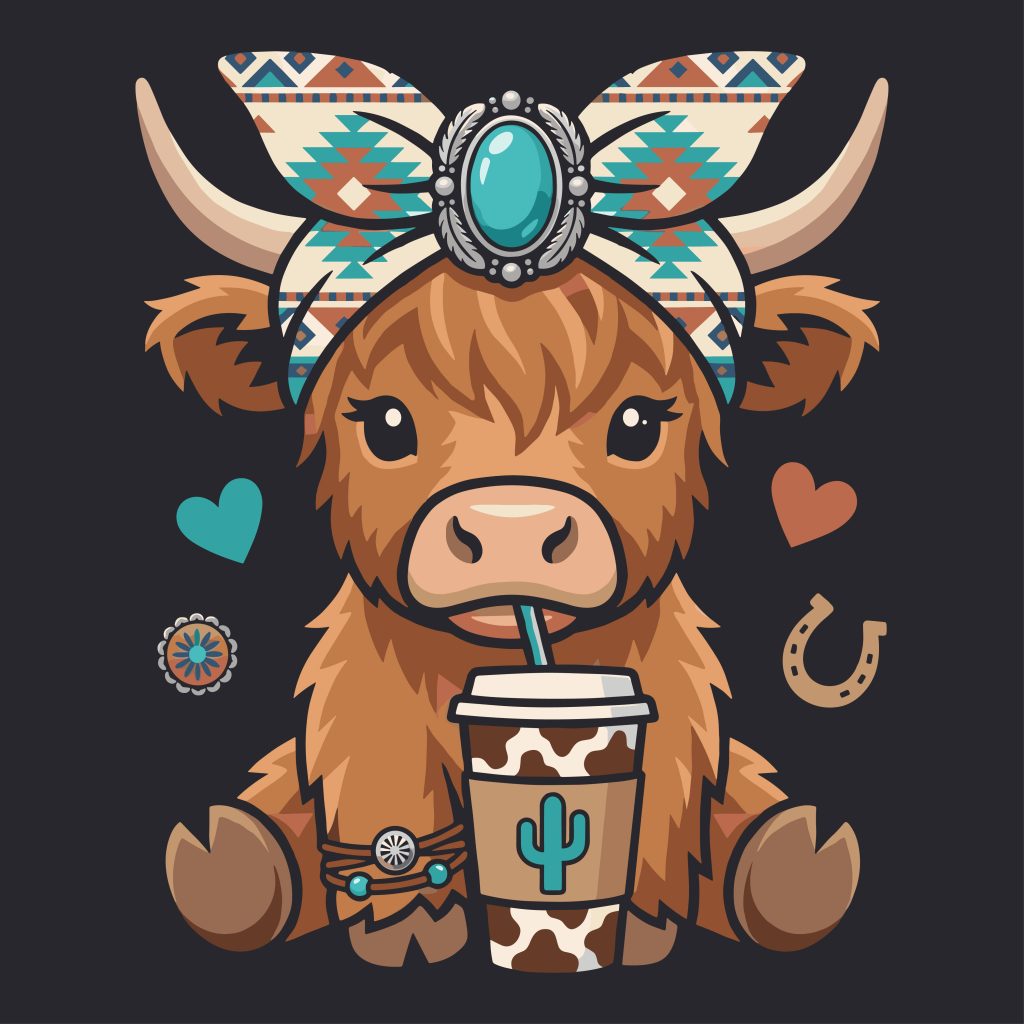 Cute boho Highland cow calf drinking iced coffee wearing a southwestern turquoise bandana surrounded by a horseshoe and heart.