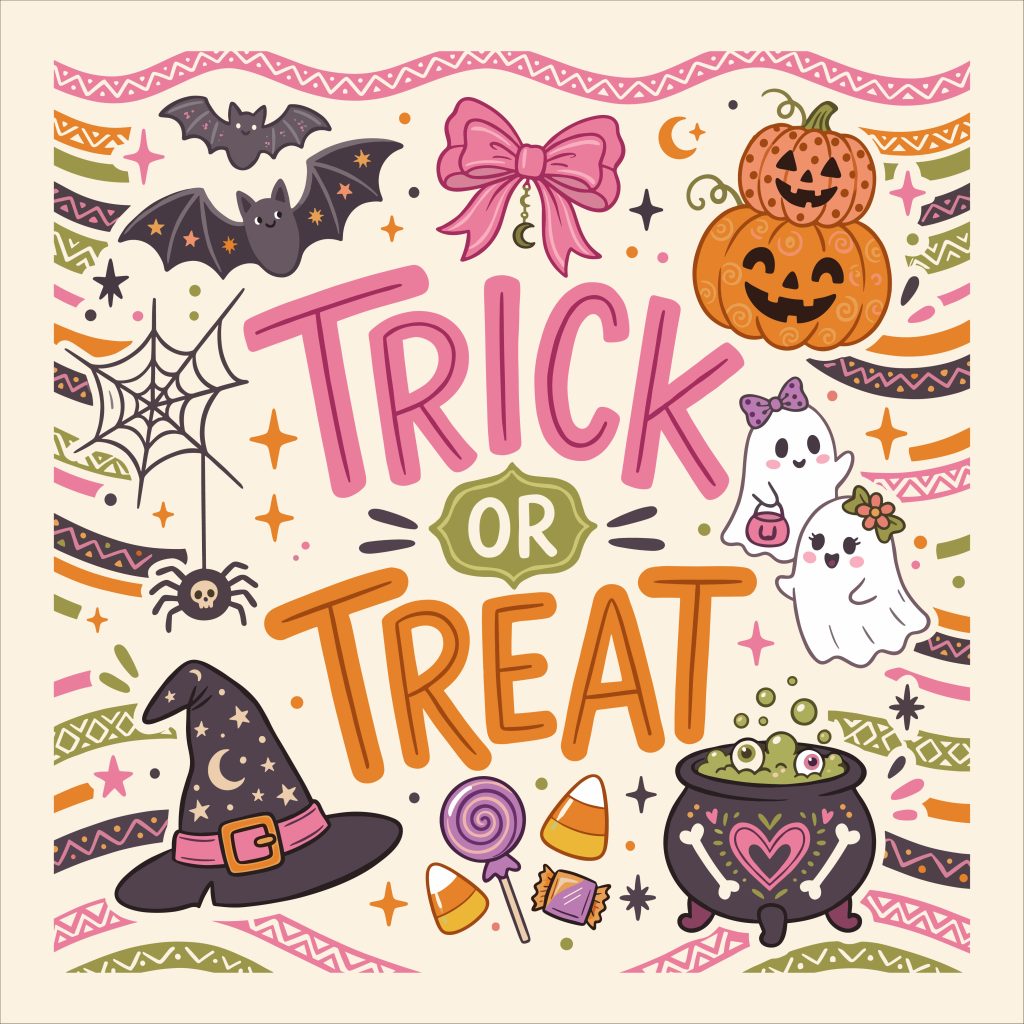 Cute Trick or Treat Halloween vector illustration featuring smiling ghosts, pumpkins, a witch hat, cauldron, and candies on a light background.