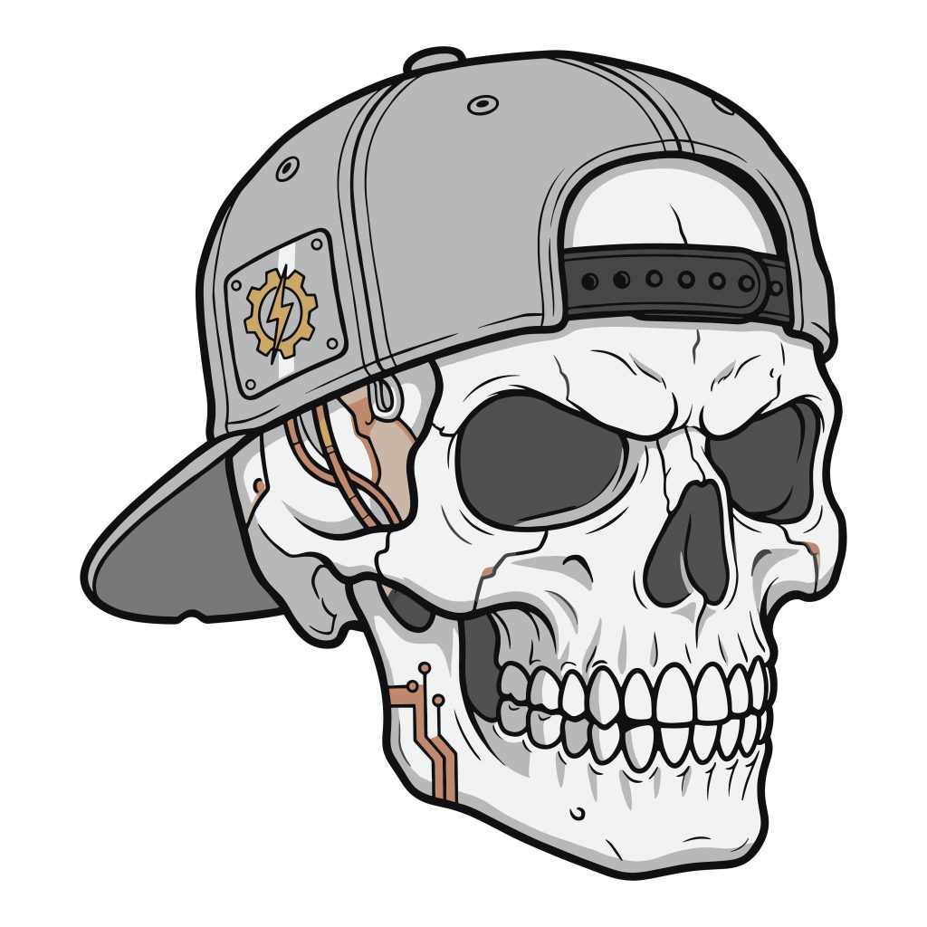 Cyberpunk mechanical skull wearing a grey snapback hat vector illustration