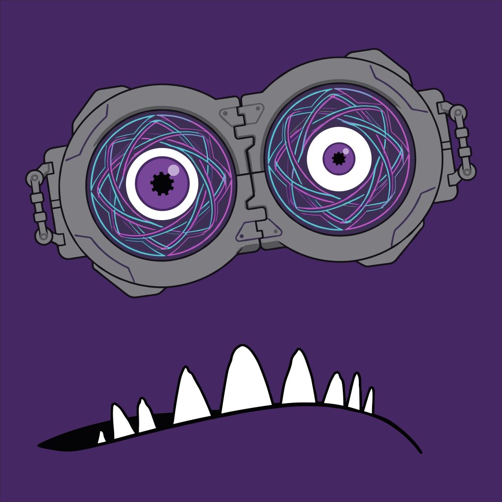 Futuristic cyberpunk monster face vector graphic featuring mechanical goggles with purple energy eyes and sharp teeth