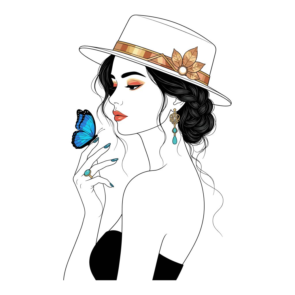 Elegant line art illustration of a woman wearing a stylish hat holding a bright blue butterfly