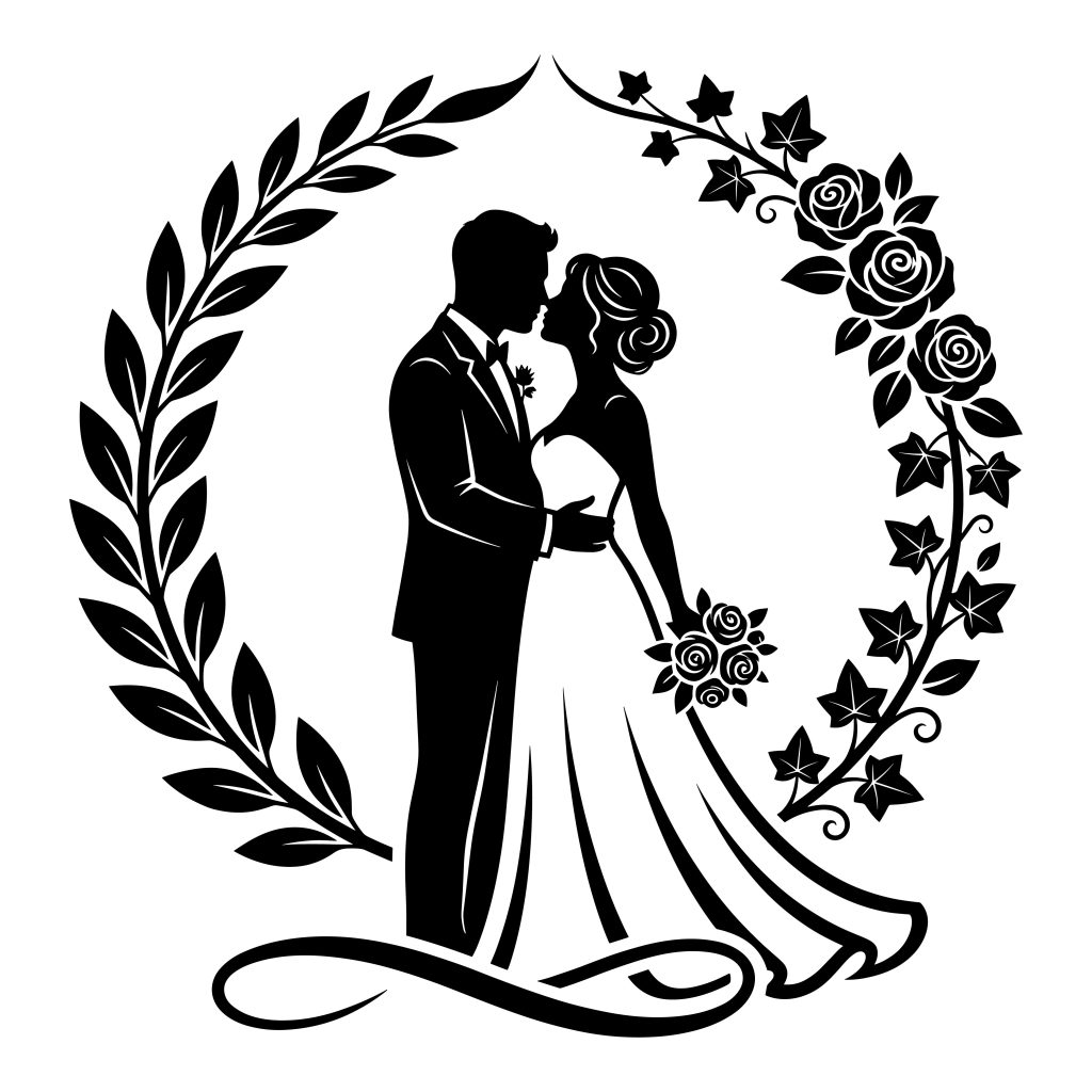 Wedding couple silhouette SVG featuring an elegant bride and groom inside a floral rose wreath.
