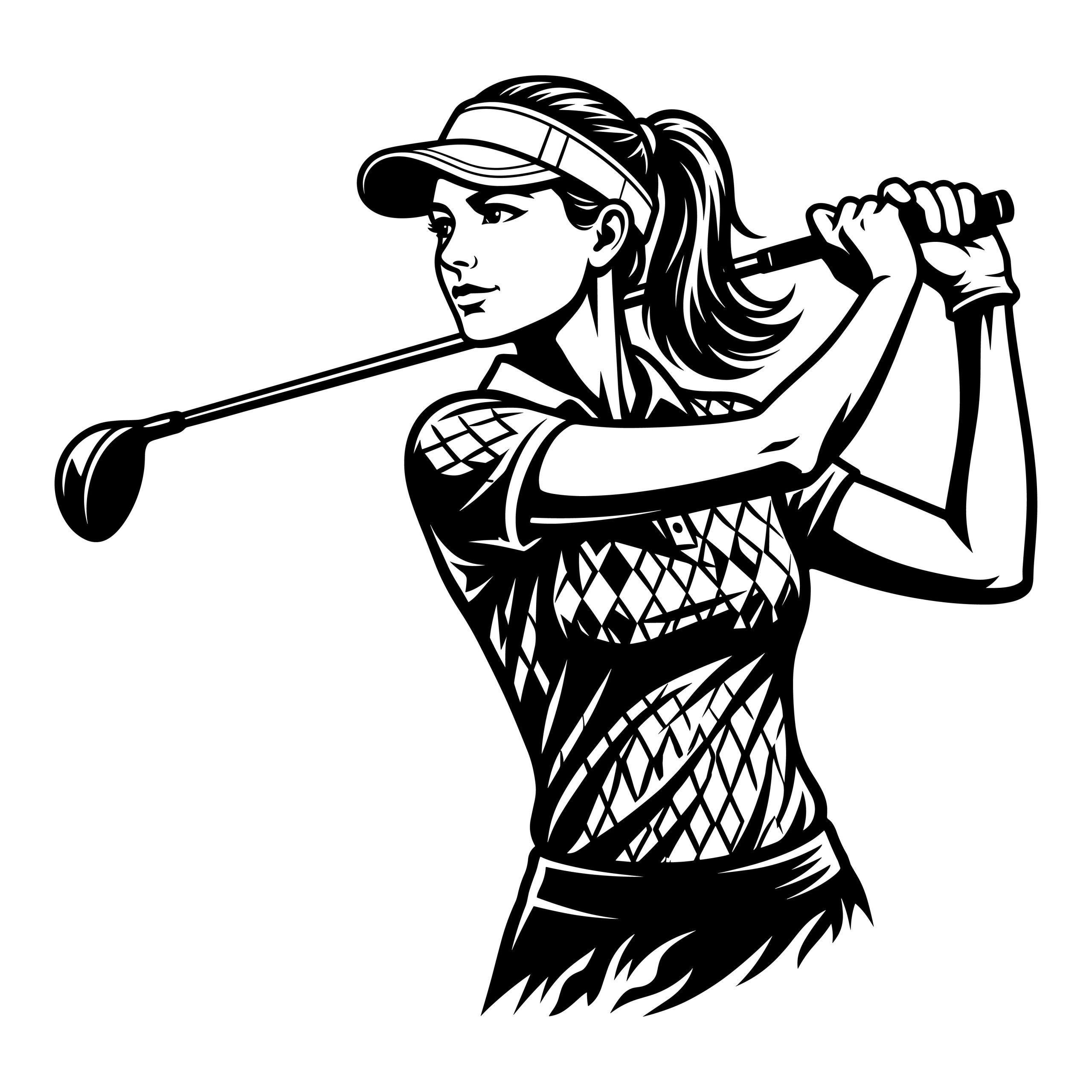 Black and white vector illustration of a female golfer swinging a golf club.