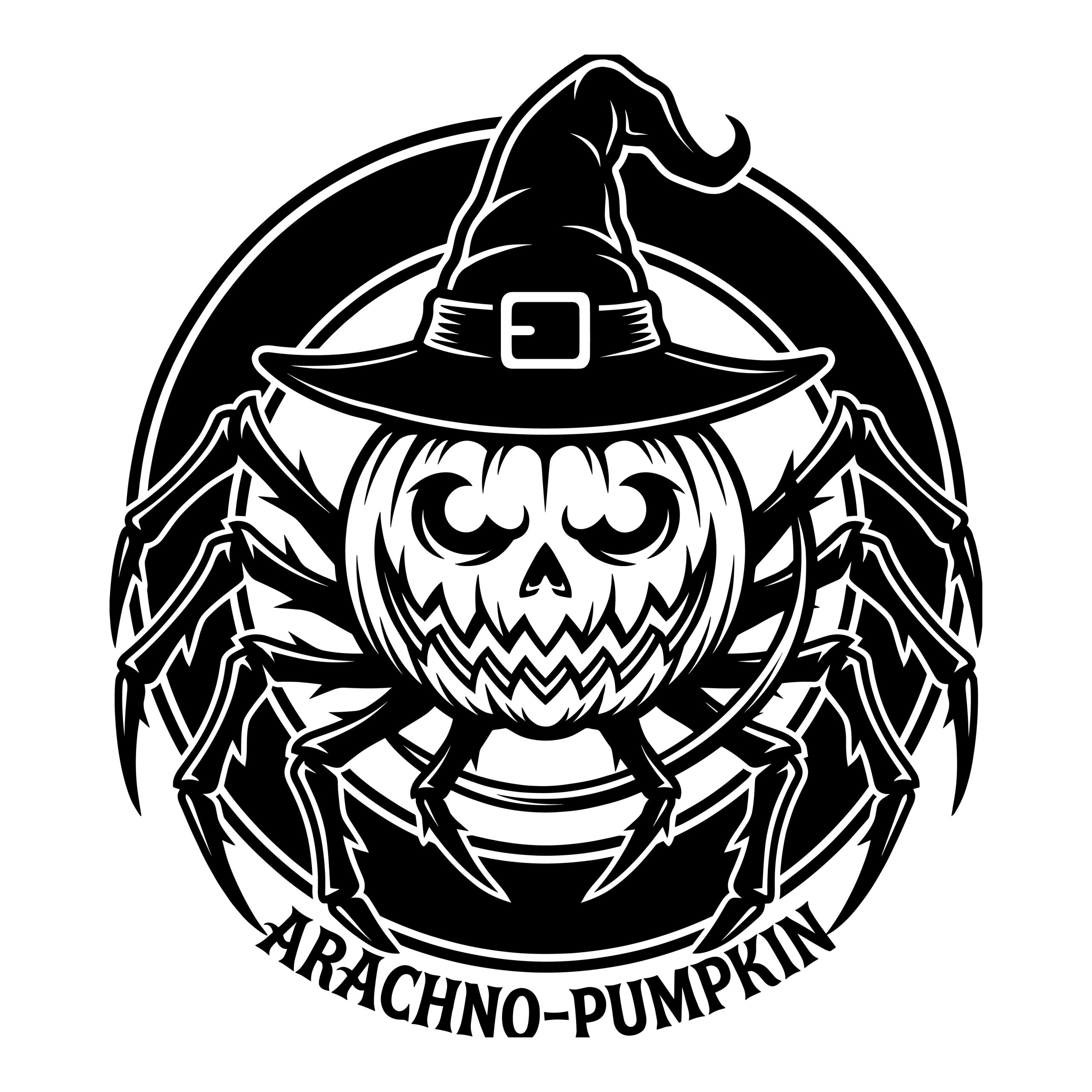 Black and white line art of a spooky Halloween spider pumpkin wearing a witch hat with the text Arachno-Pumpkin below it.