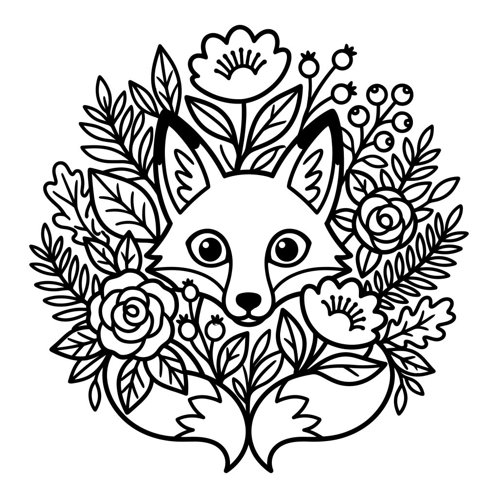 Black and white line art illustration of a cute woodland fox face surrounded by detailed floral elements, leaves, and berries.