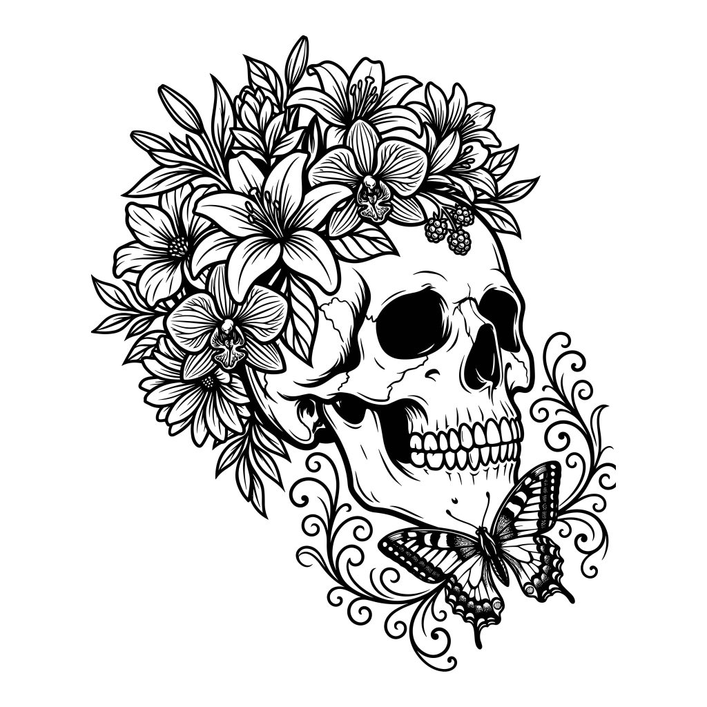 Intricate black and white floral skull SVG illustration with a butterfly, lilies, orchids, and decorative swirls.