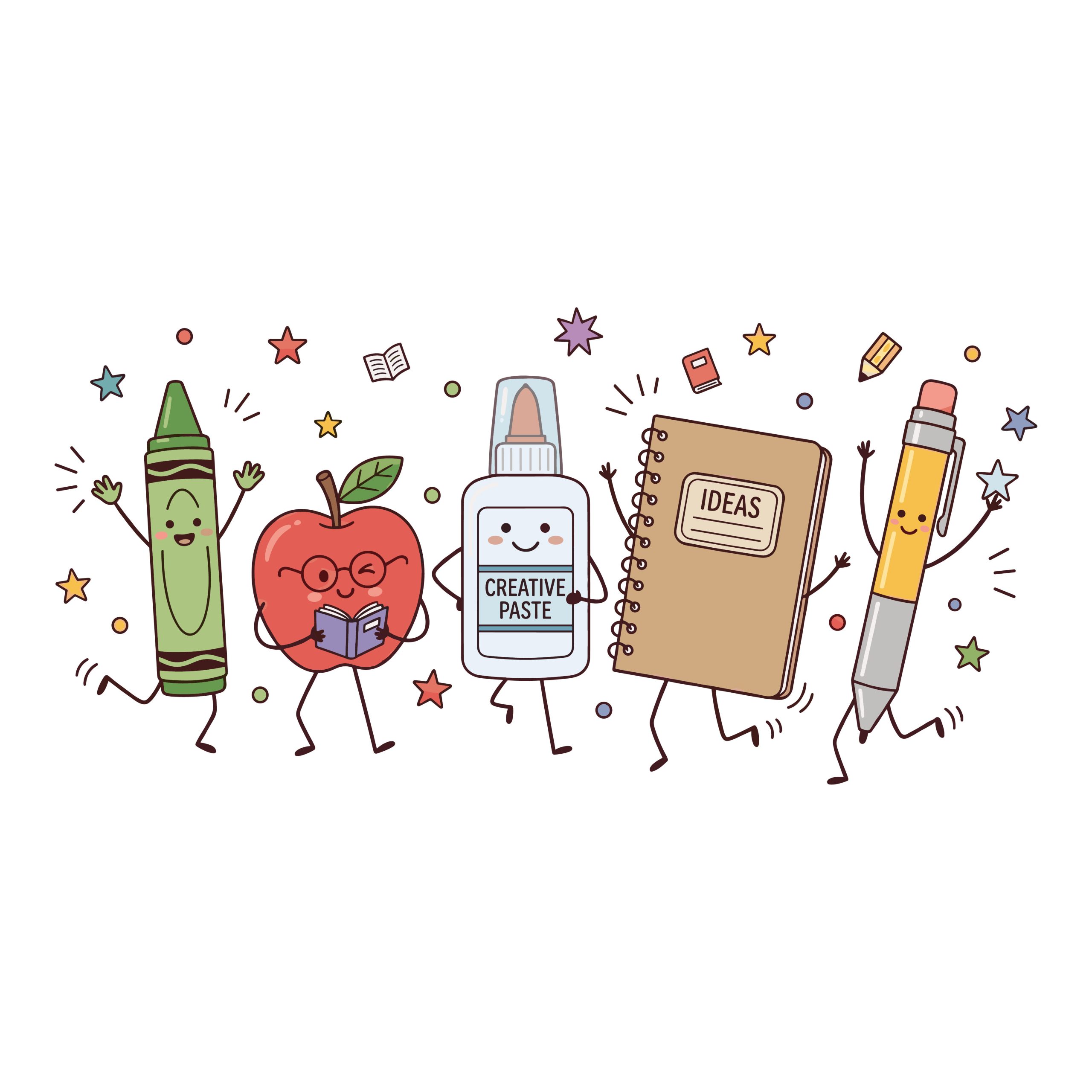 Cute kawaii back to school supplies cartoon characters including a crayon, an apple reading a book, glue, a notebook, and a pen.