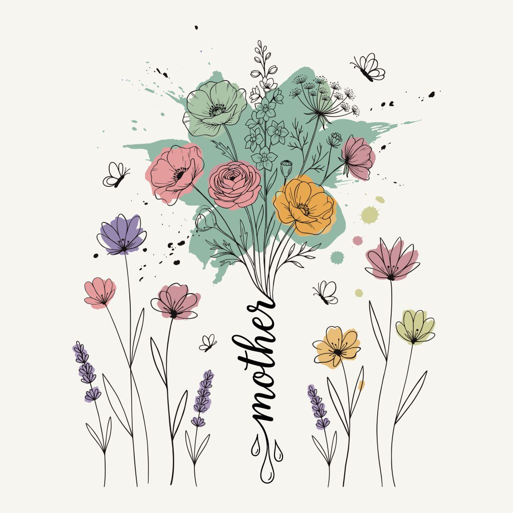 Free Mother bouquet SVG featuring wildflower line art and watercolor splashes for crafting and cutting machines.