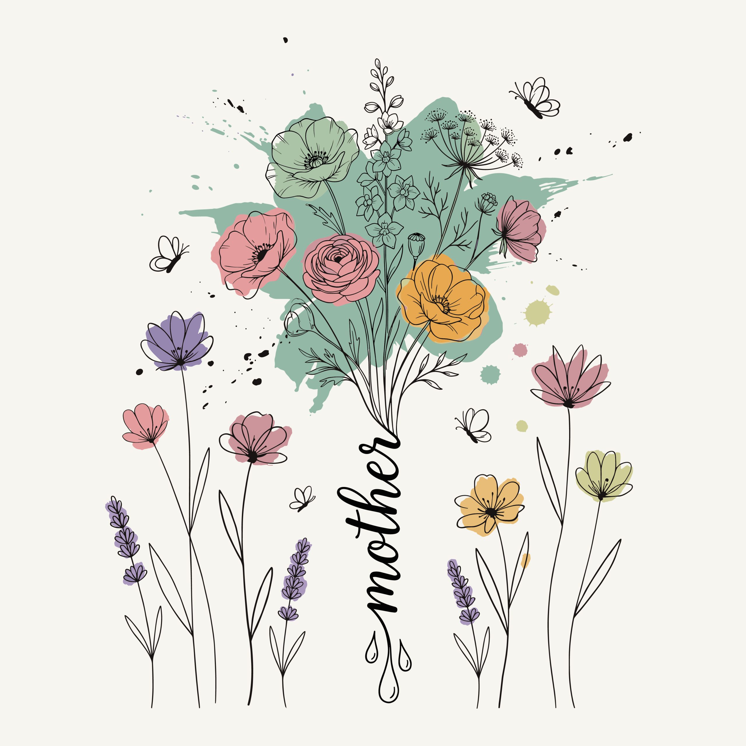 Free Mother bouquet SVG featuring wildflower line art and watercolor splashes for crafting and cutting machines.