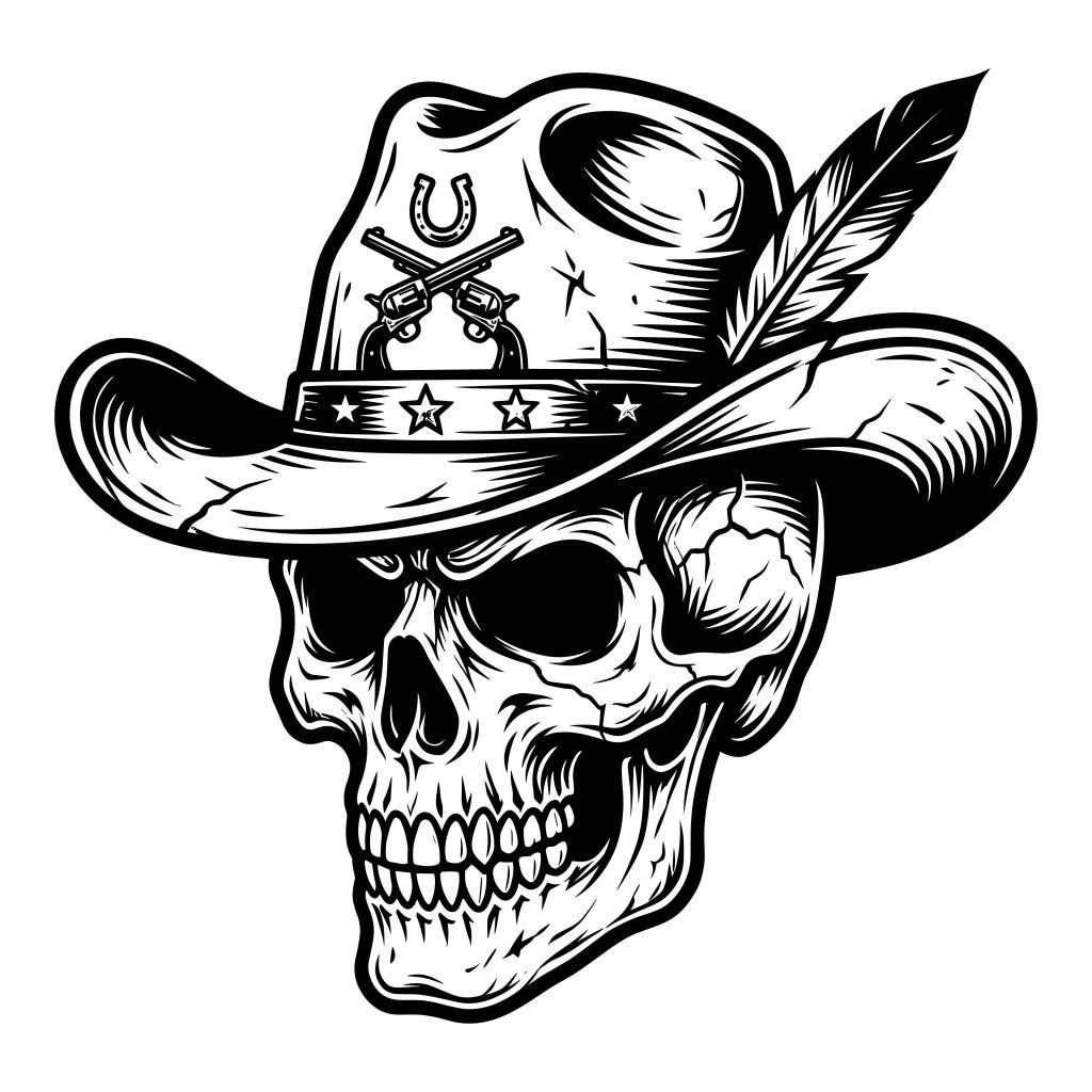 Black and white illustration of an outlaw cowboy skull wearing a distressed western hat decorated with crossed revolvers, a horseshoe, stars, and a feather.