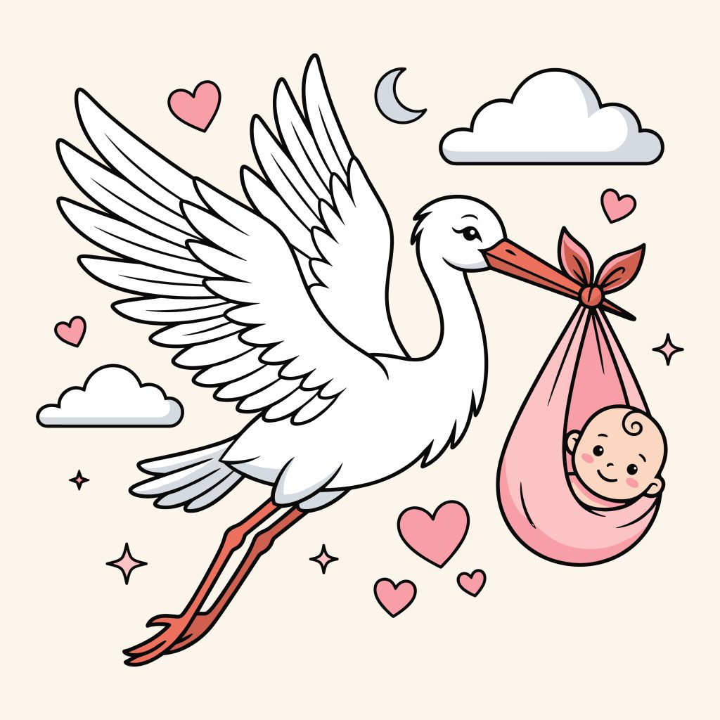 A cute cartoon stork flying and carrying a newborn baby in a pink bundle, surrounded by hearts, stars, and clouds.