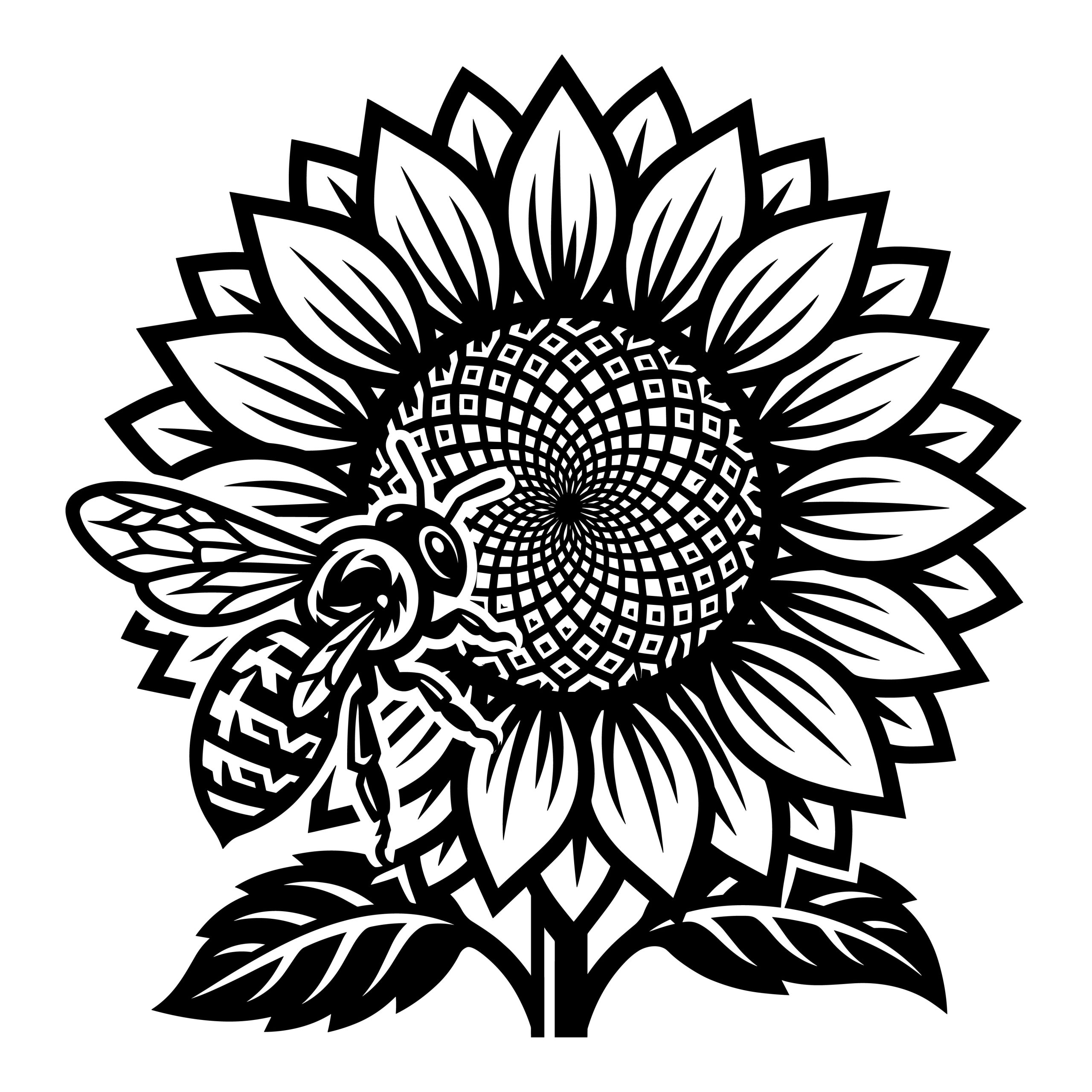 Black and white vector illustration of a honey bee resting on a blooming sunflower