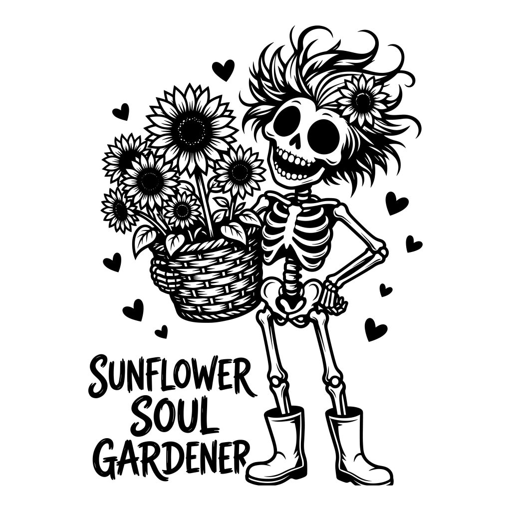 A line art illustration of a smiling skeleton wearing boots and holding a basket of sunflowers with the text Sunflower Soul Gardener underneath.